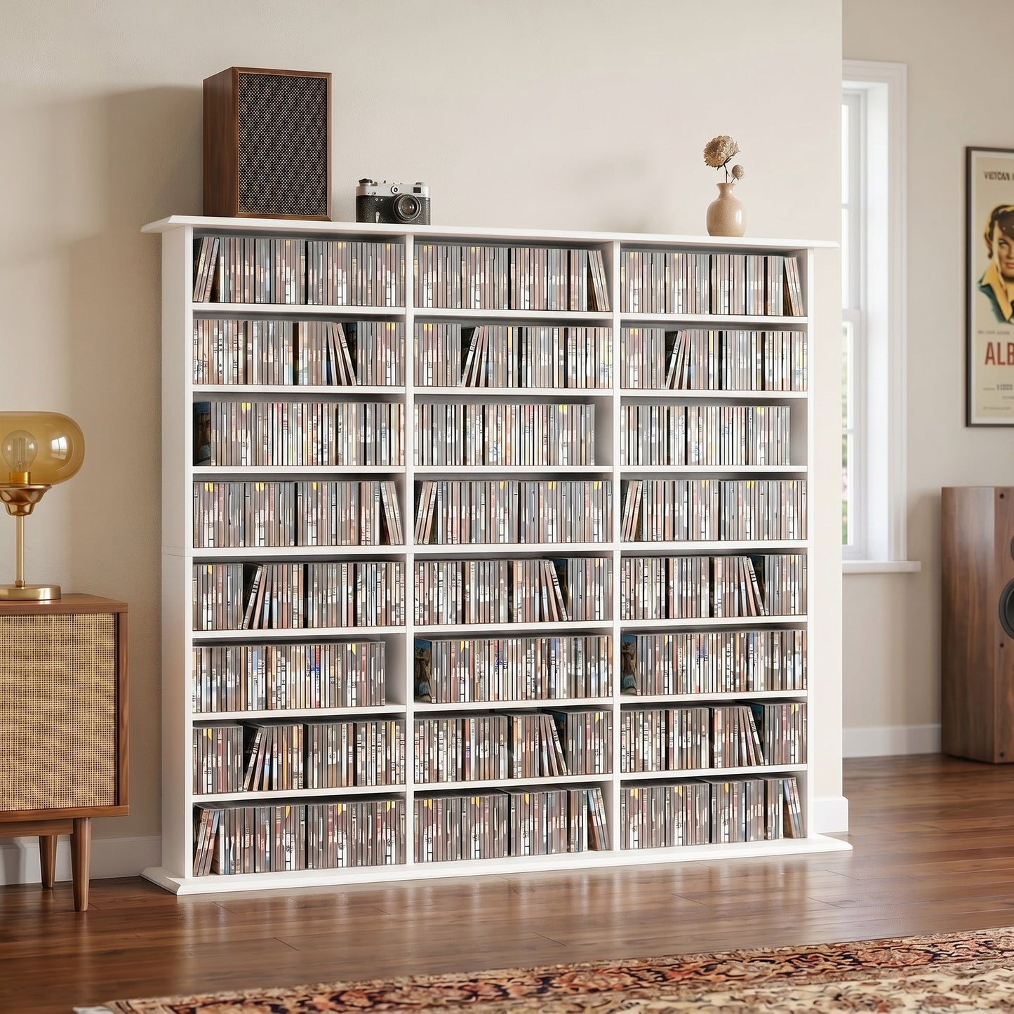 1032 CD/594 DVD Storage Unit, Blu-ray Media Storage Shelf with 24 Compartments and 18 Adjustable Shelves, CD Tower for Living Room, Bedroom, Office, White