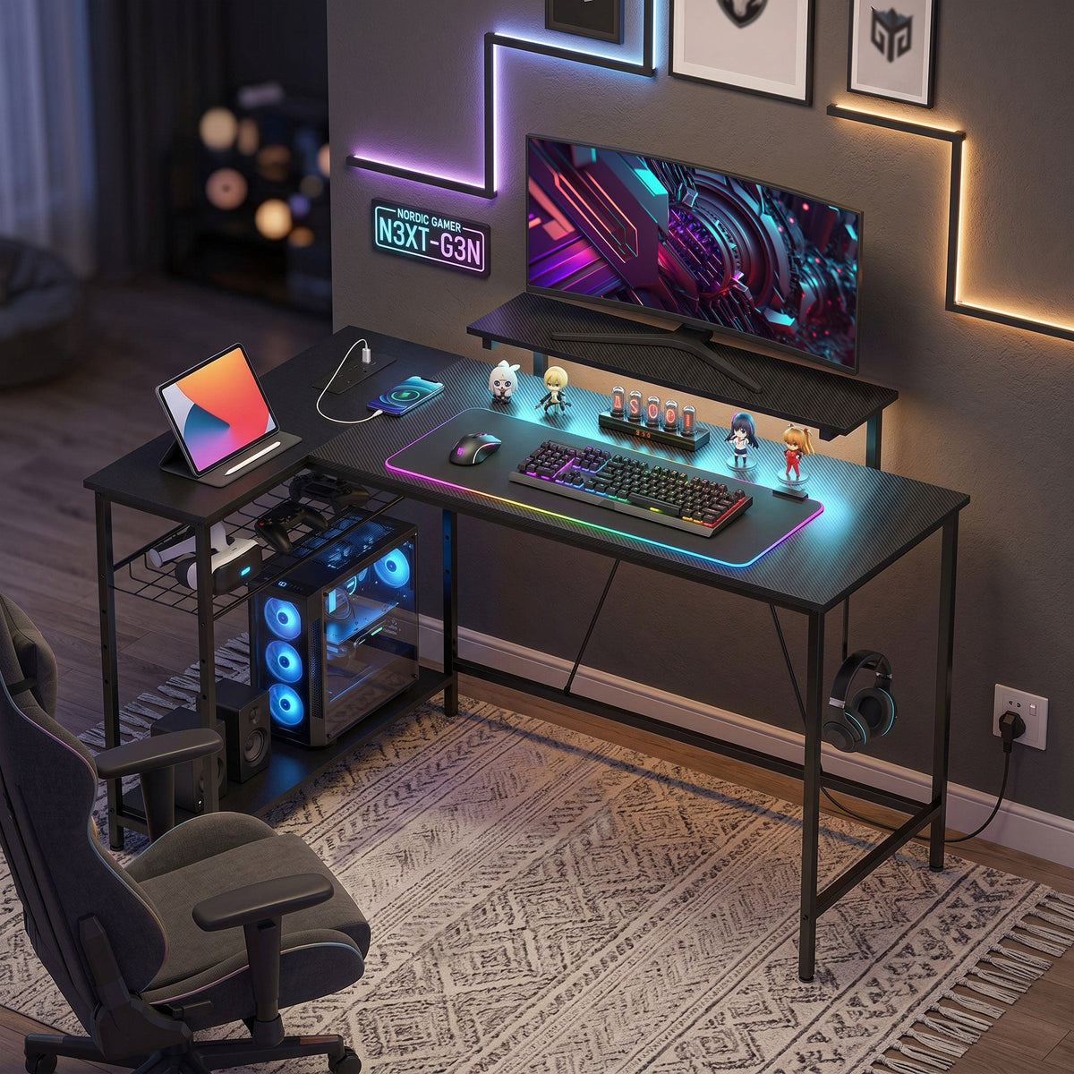 L Shaped Gaming Desk with LED Lights, Power Outlet, USB Charging Ports, 132cm Reversible Corner Computer Desk with Storage Shelves, Monitor Stand for Home Office, Small Space, Black