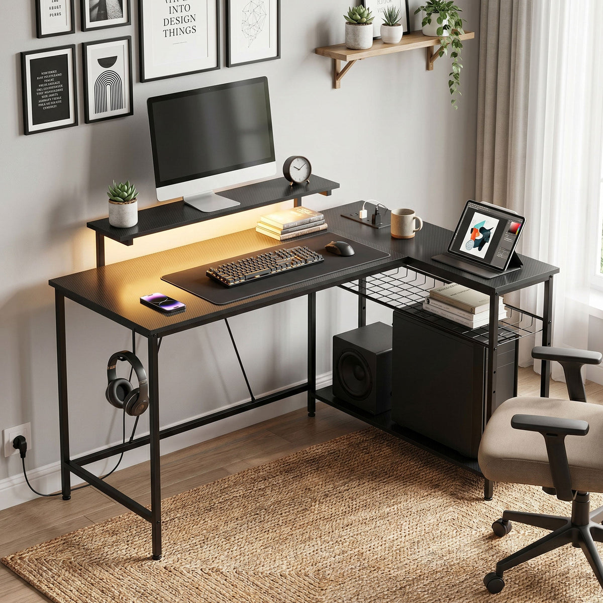 L Shaped Gaming Desk with LED Lights, Power Outlet, USB Charging Ports, 132cm Reversible Corner Computer Desk with Storage Shelves, Monitor Stand for Home Office, Small Space, Black