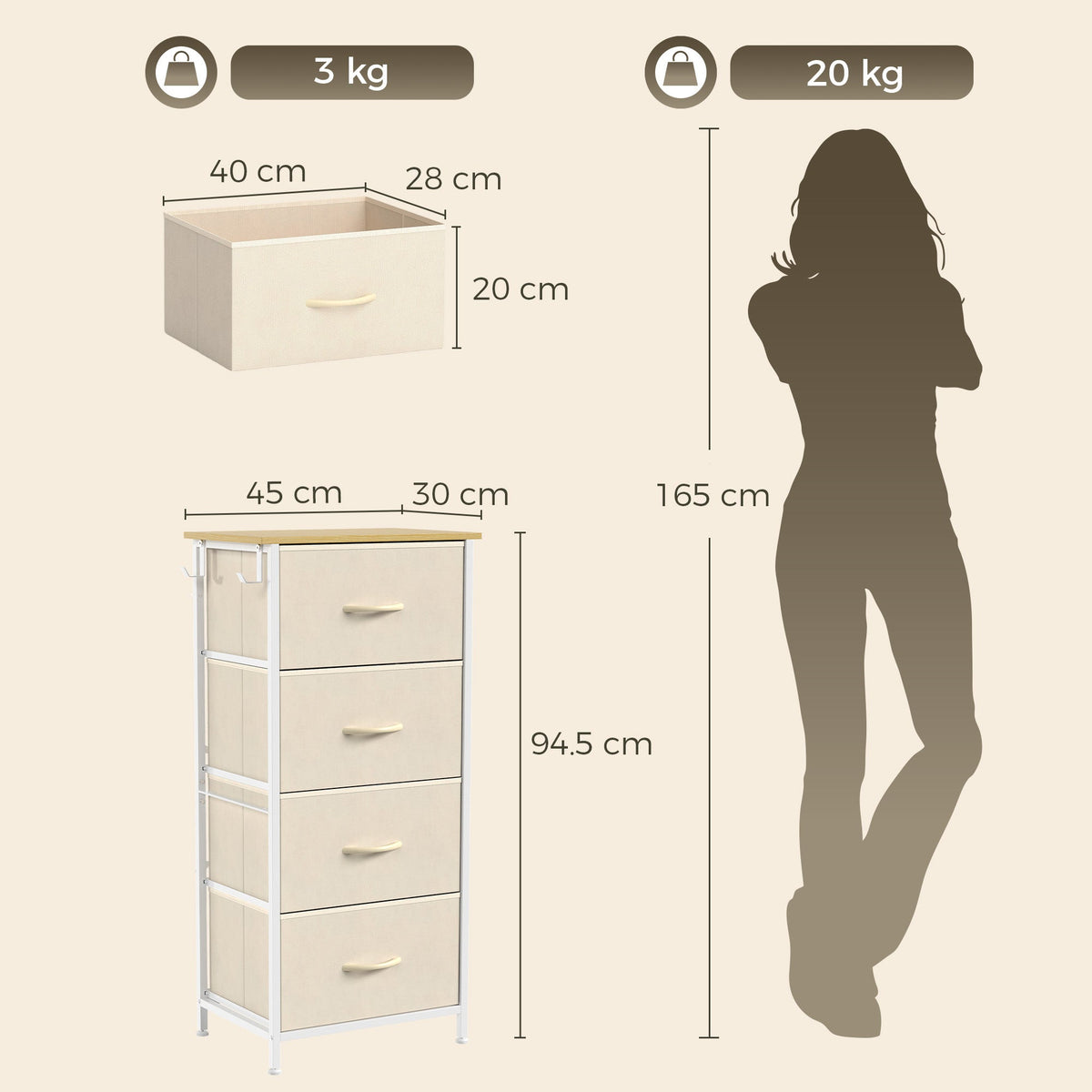 Chest of Drawers, Dresser for Bedroom with 4 Fabric Drawers, Tall Storage Unit with 4 Pockets, 2 Hooks and Steel Frame for Living Room, Hallway, Beige