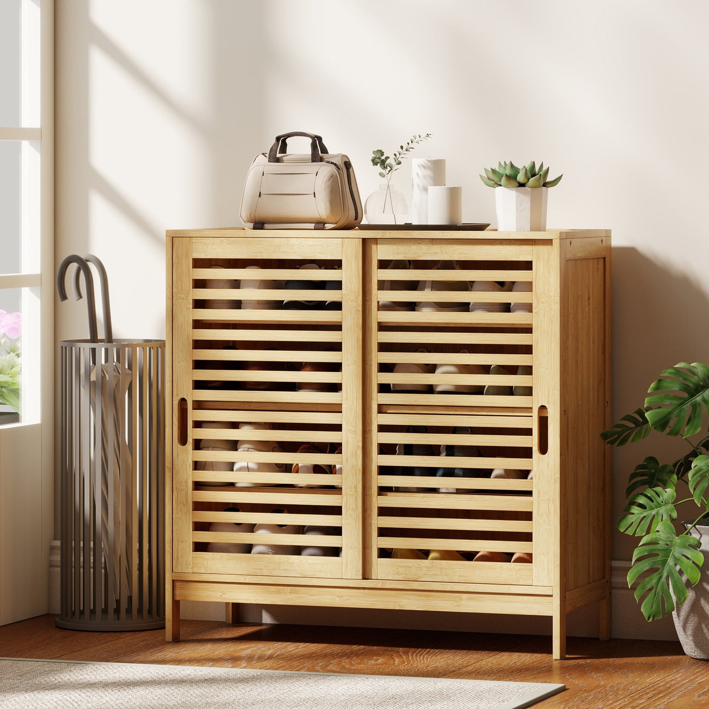 Bamboo Shoe Cabinet with 2 Sliding Slat Doors, 16Pairs Hallway Shoe Cupboard with Adjustable Shelves, Entryway Storage Unit, Natural