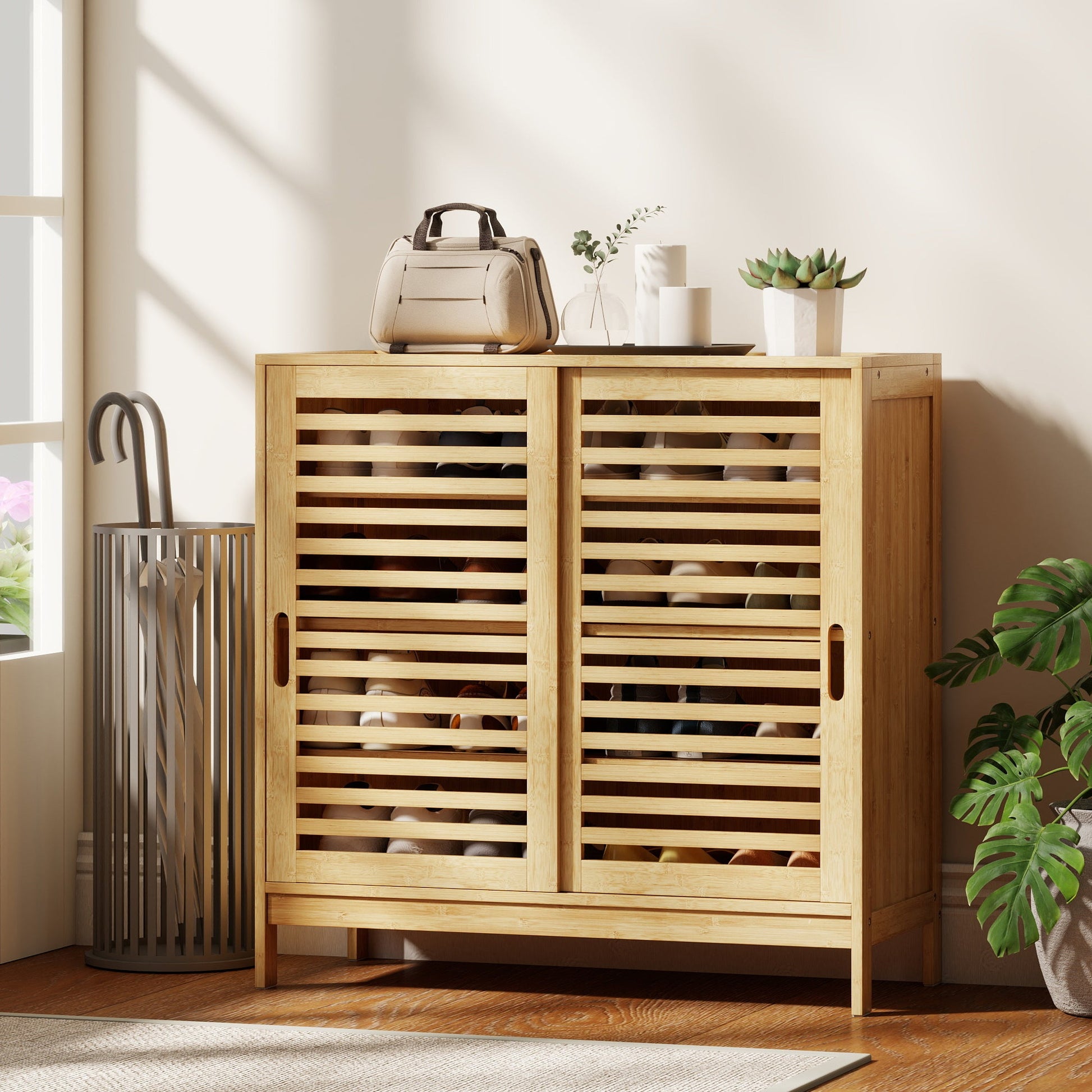 Bamboo Shoe Cabinet with 2 Sliding Slat Doors, 16Pairs Hallway Shoe Cupboard with Adjustable Shelves, Entryway Storage Unit, Natural