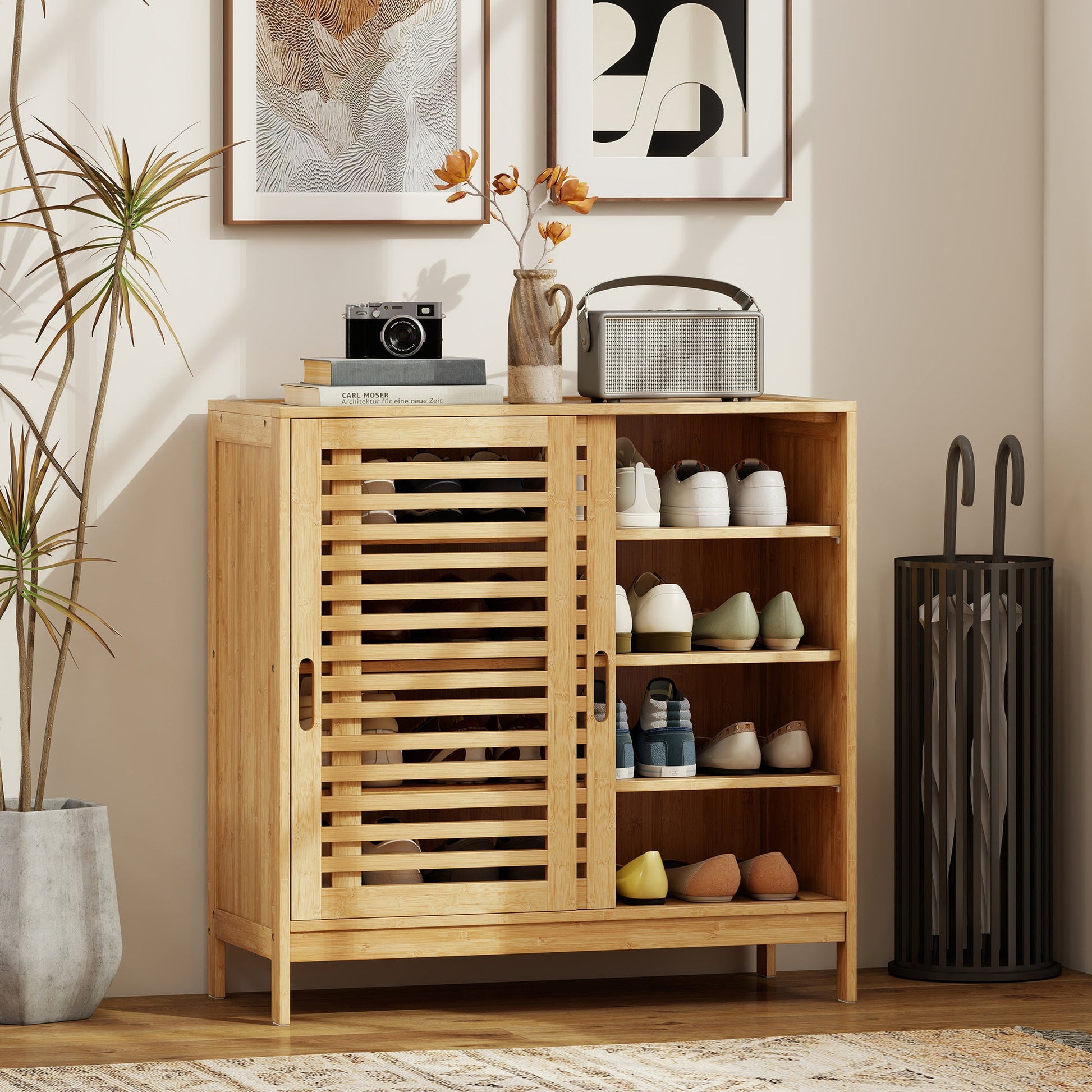 Bamboo Shoe Cabinet with 2 Sliding Slat Doors, 16Pairs Hallway Shoe Cupboard with Adjustable Shelves, Entryway Storage Unit, Natural