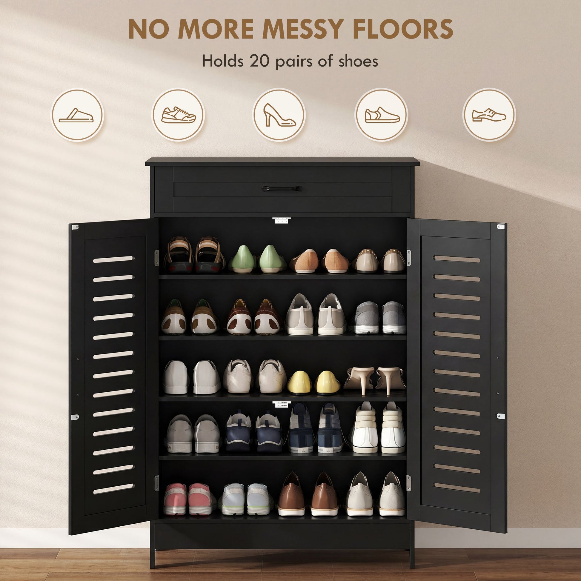 Shoe Cabinet with Louvered Doors, Modern Shoe Storage Cabinet with Drawer and Adjustable Shelves, Holds up to 20 Pairs for Entryway, Hallway, Black