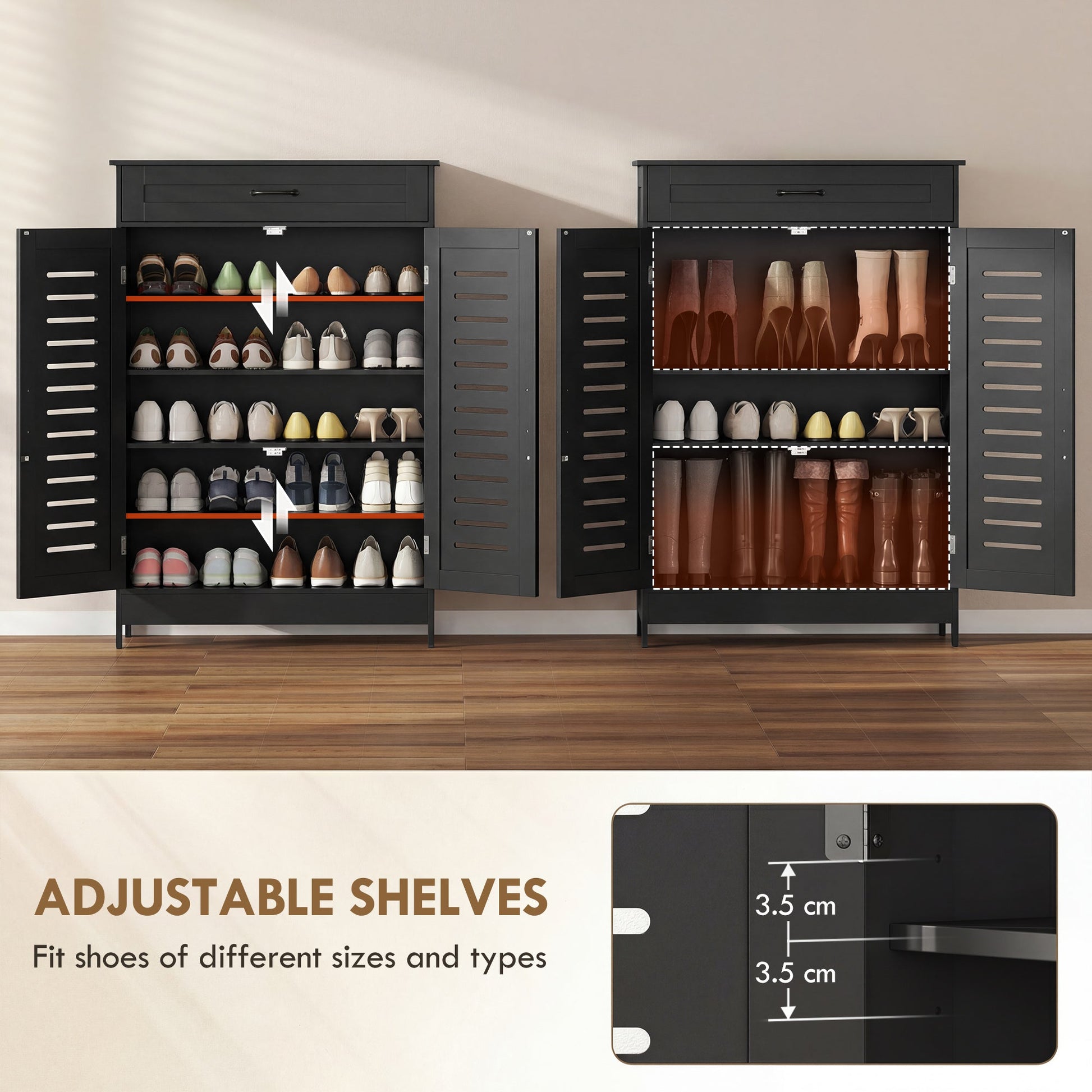Shoe Cabinet with Louvered Doors, Modern Shoe Storage Cabinet with Drawer and Adjustable Shelves, Holds up to 20 Pairs for Entryway, Hallway, Black