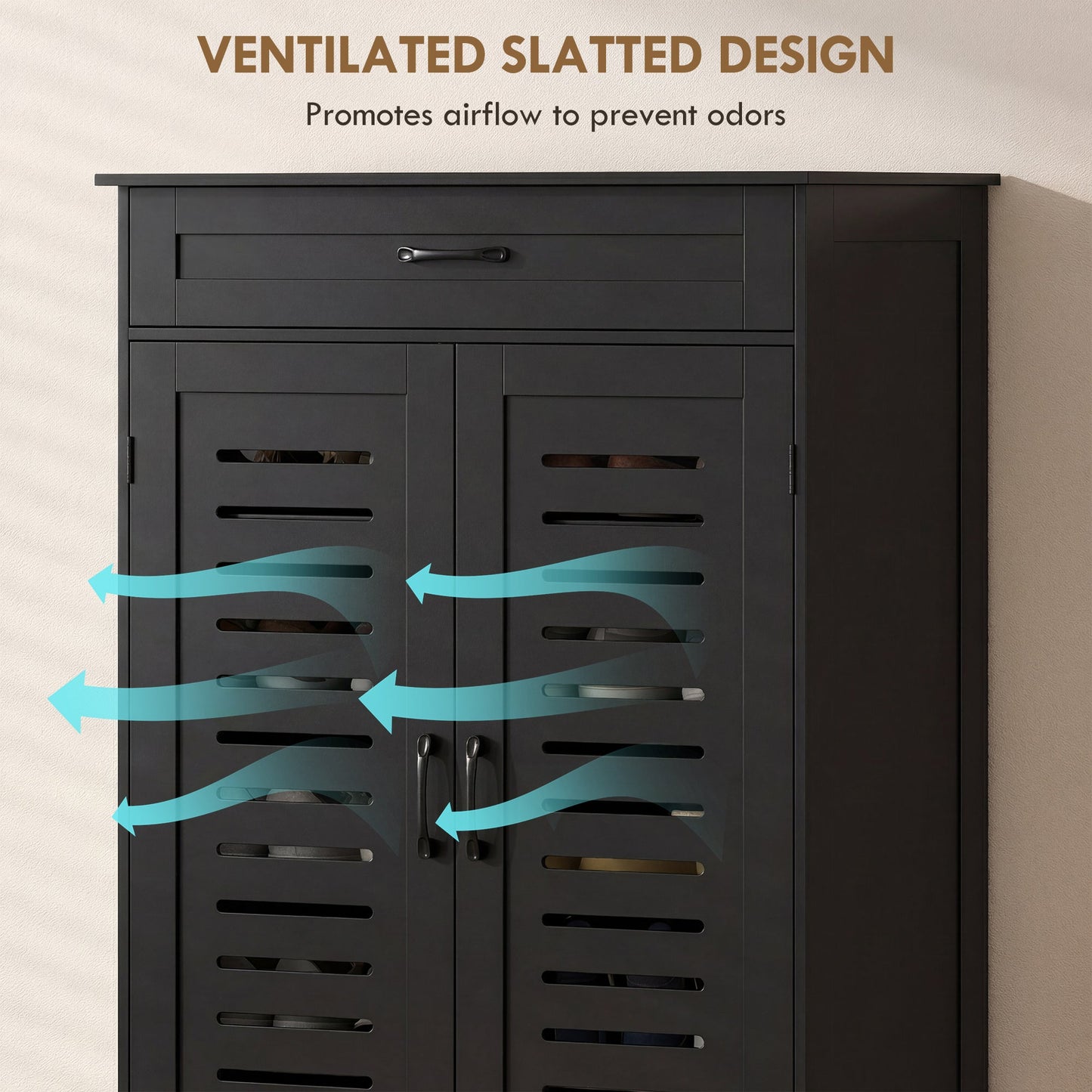Shoe Cabinet with Louvered Doors, Modern Shoe Storage Cabinet with Drawer and Adjustable Shelves, Holds up to 20 Pairs for Entryway, Hallway, Black
