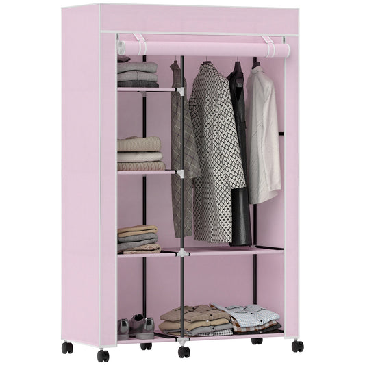 Fabric Wardrobe, Mobile Portable Wardrobe with 6 Shelves, 1 Hanging Rail, Foldable Closets, 103 x 43 x 162.5 cm, Pink