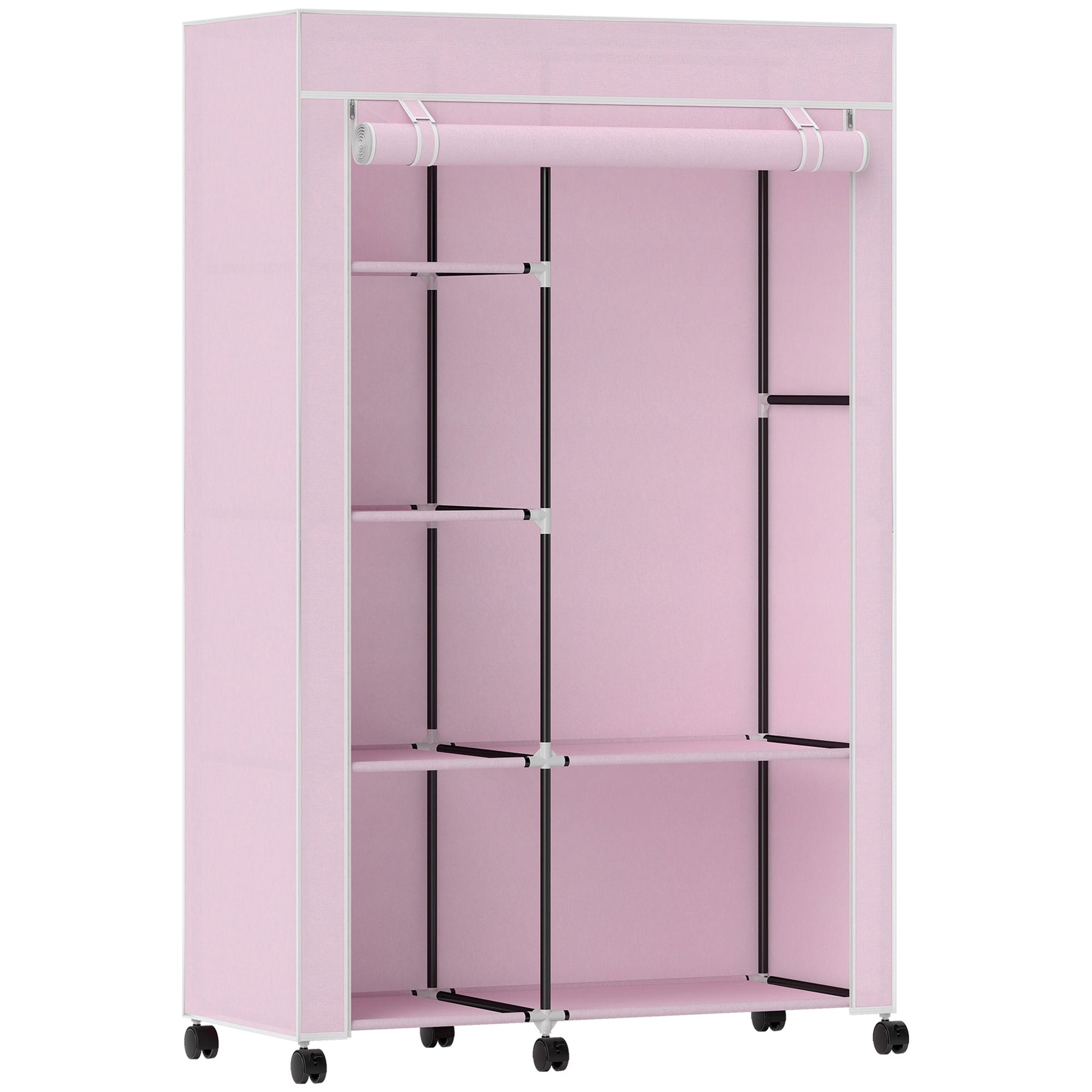 Fabric Wardrobe, Mobile Portable Wardrobe with 6 Shelves, 1 Hanging Rail, Foldable Closets, 103 x 43 x 162.5 cm, Pink