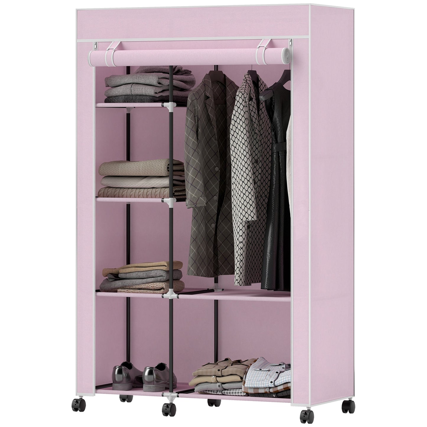 Fabric Wardrobe, Mobile Portable Wardrobe with 6 Shelves, 1 Hanging Rail, Foldable Closets, 103 x 43 x 162.5 cm, Pink