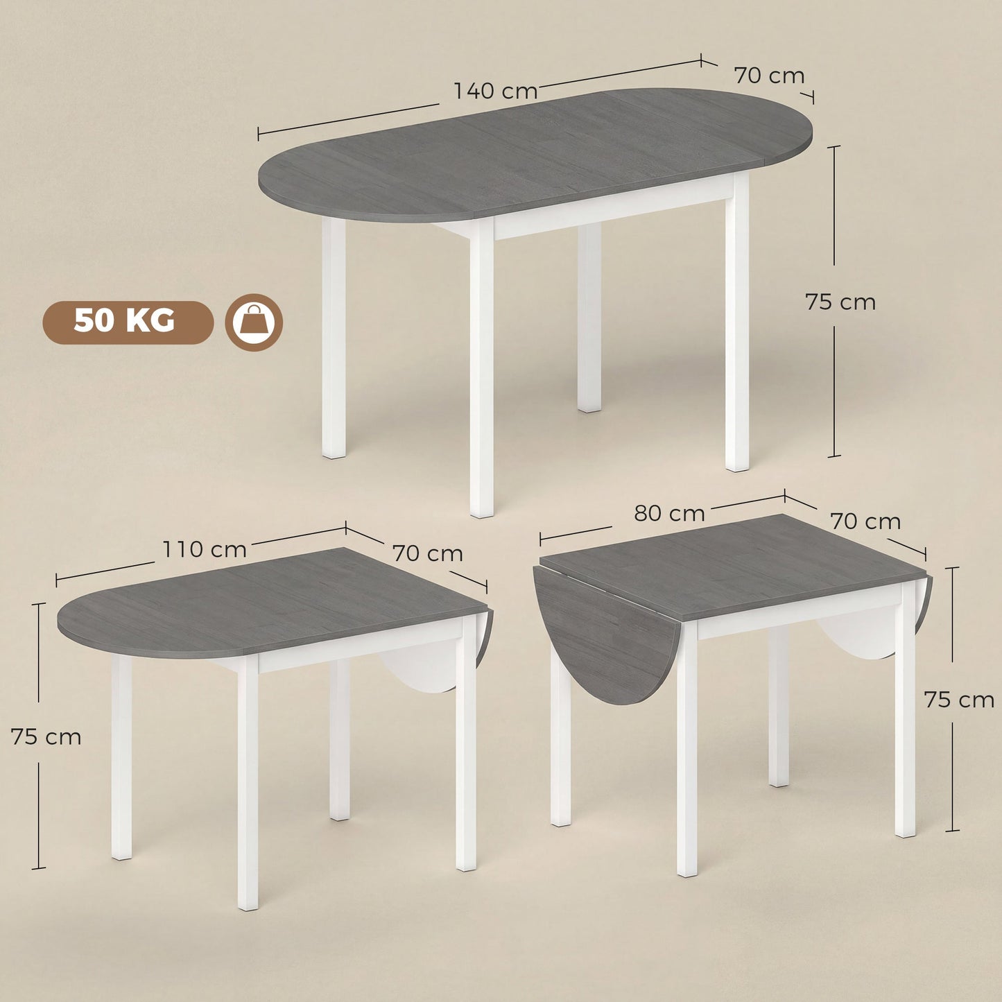 Folding Dining Table for 4-6 People, 140 cm Oval Solid Wood Drop Leaf Table, Kitchen Table for Small Spaces, Dining Room, Living Room, Grey
