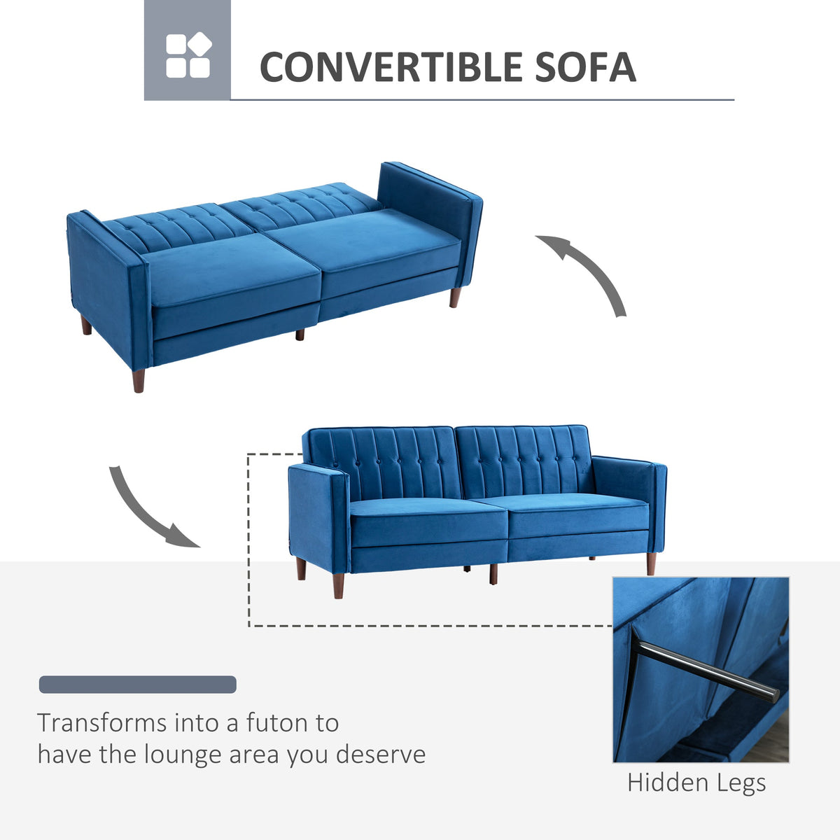 HOMCOM Modern 3 Seater Velvet Sofa Bed, Click Clack Sofa Bed, Button Tufted Sleeper Couch with Split Reclining Backrest and Rubber Wood Legs, Blue