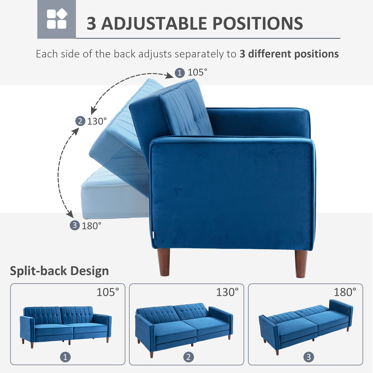 HOMCOM Modern 3 Seater Velvet Sofa Bed, Click Clack Sofa Bed, Button Tufted Sleeper Couch with Split Reclining Backrest and Rubber Wood Legs, Blue
