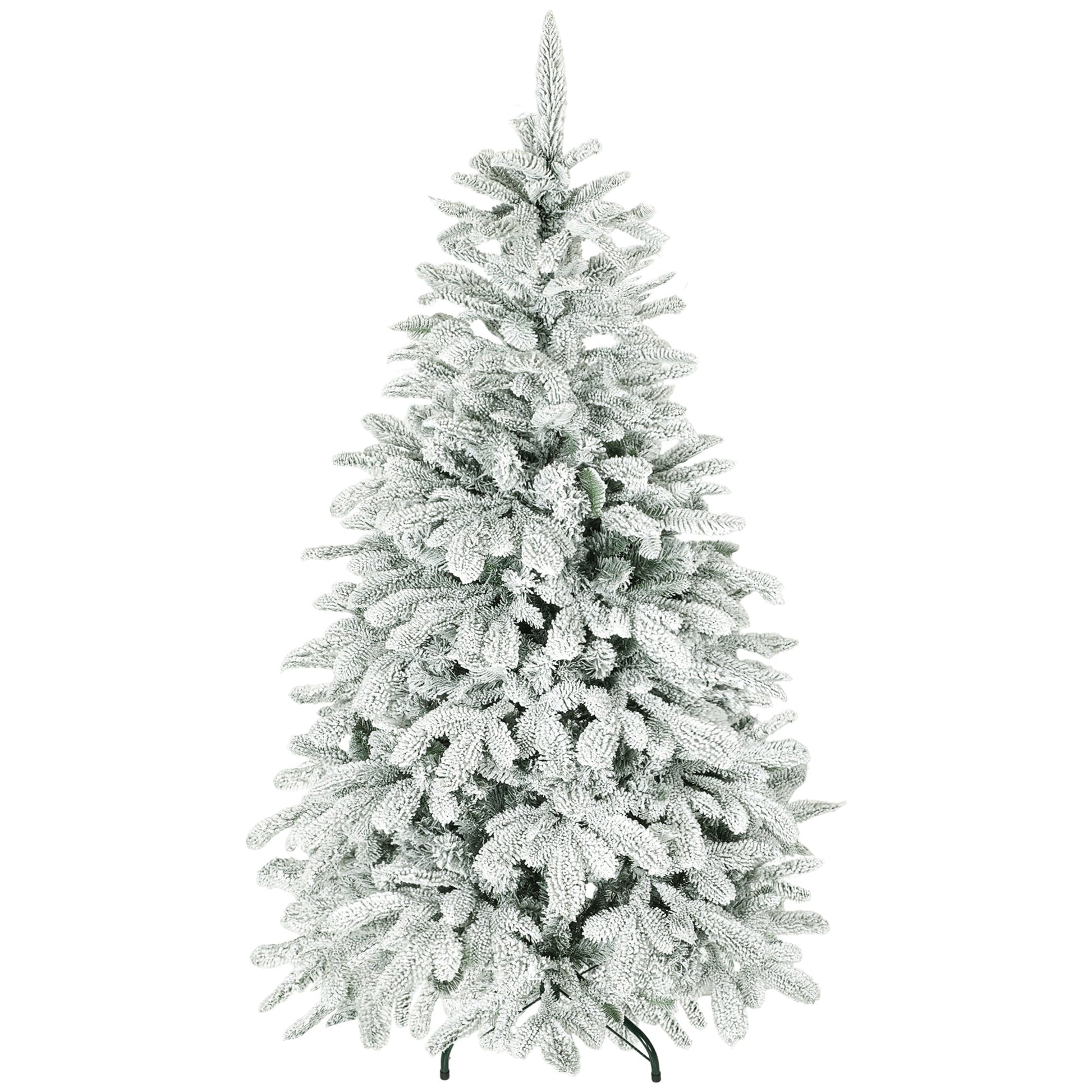5 ft Artificial Flocked Christmas Tree with 717 Branches, Hinged Xmas Tree with Foldable Metal Stand, Easy Assembly for Home Office Decor