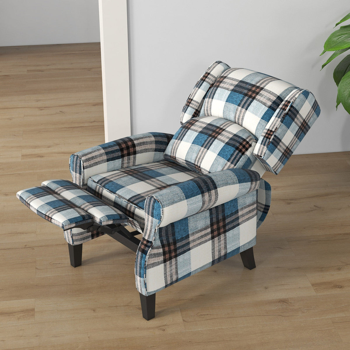 HOMCOM Wingback Reclining Armchair for Living Room, Pushback Recliner Chair with Footrest, Round Armrests and Rubber Wood Legs, Blue