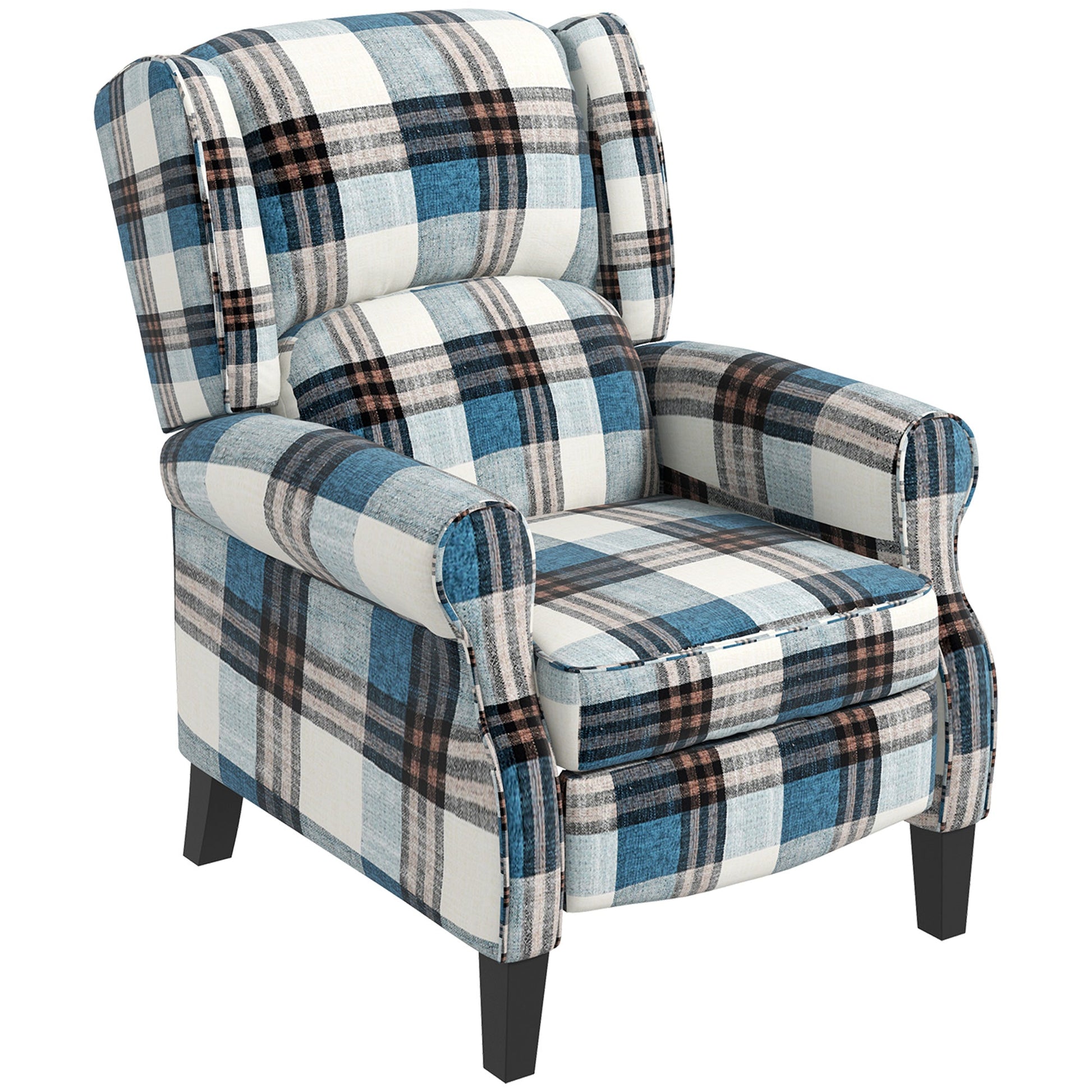 HOMCOM Wingback Reclining Armchair for Living Room, Pushback Recliner Chair with Footrest, Round Armrests and Rubber Wood Legs, Blue