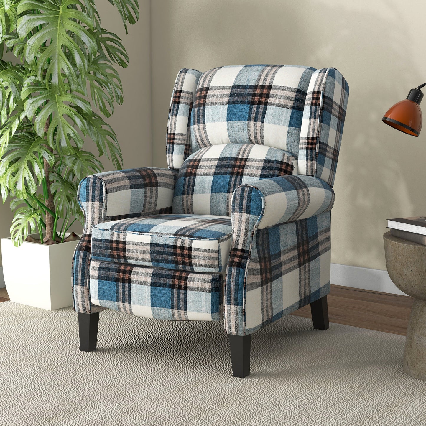 HOMCOM Wingback Reclining Armchair for Living Room, Pushback Recliner Chair with Footrest, Round Armrests and Rubber Wood Legs, Blue