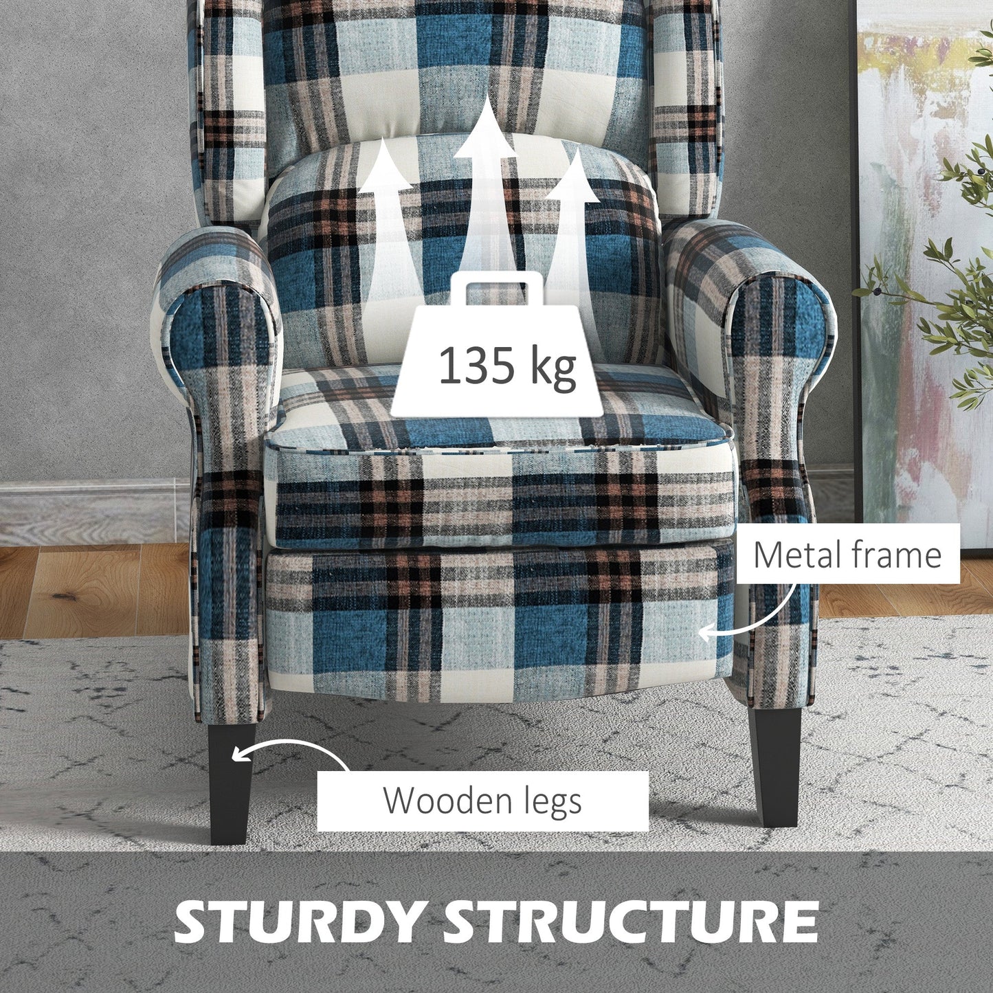 HOMCOM Wingback Reclining Armchair for Living Room, Pushback Recliner Chair with Footrest, Round Armrests and Rubber Wood Legs, Blue
