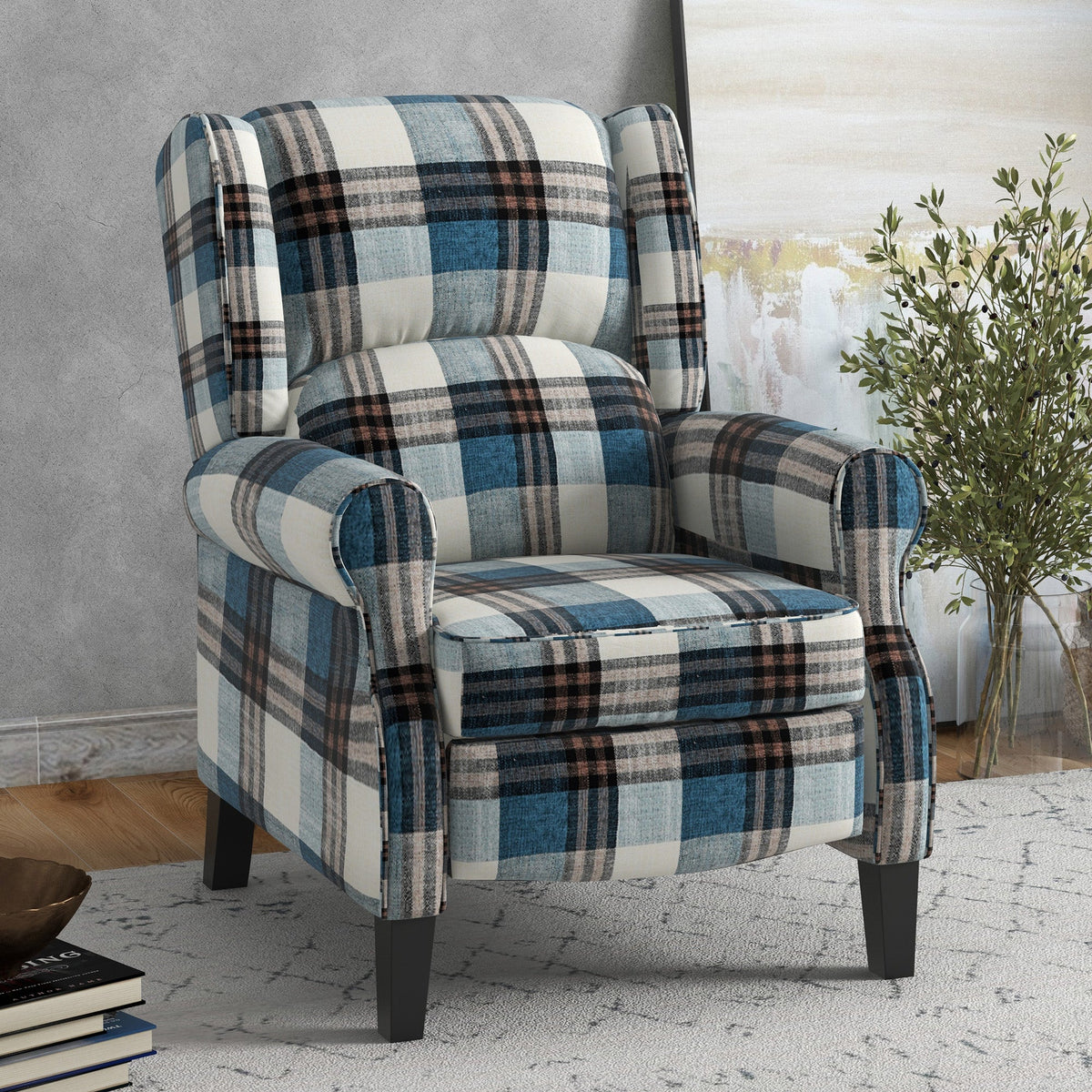 HOMCOM Wingback Reclining Armchair for Living Room, Pushback Recliner Chair with Footrest, Round Armrests and Rubber Wood Legs, Blue
