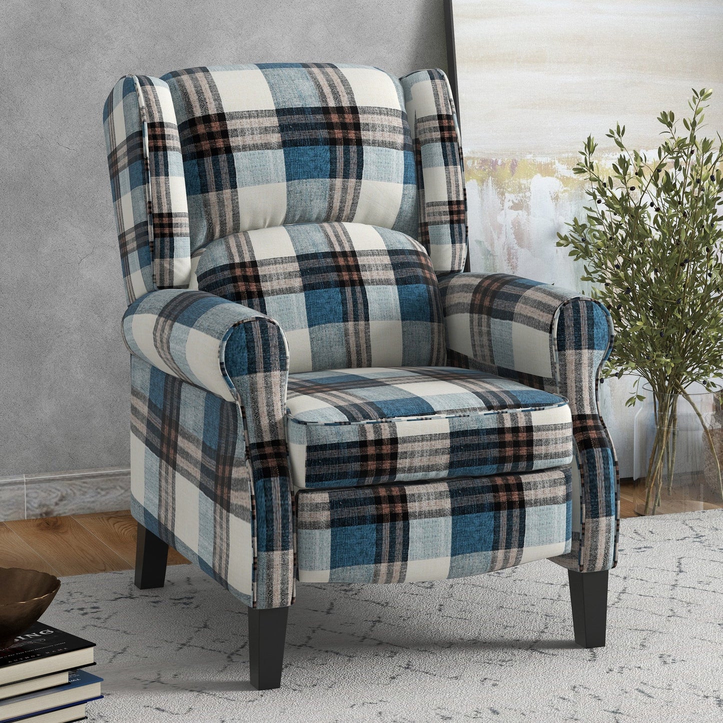 HOMCOM Wingback Reclining Armchair for Living Room, Pushback Recliner Chair with Footrest, Round Armrests and Rubber Wood Legs, Blue