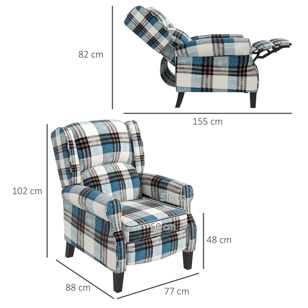 HOMCOM Wingback Reclining Armchair for Living Room, Pushback Recliner Chair with Footrest, Round Armrests and Rubber Wood Legs, Blue