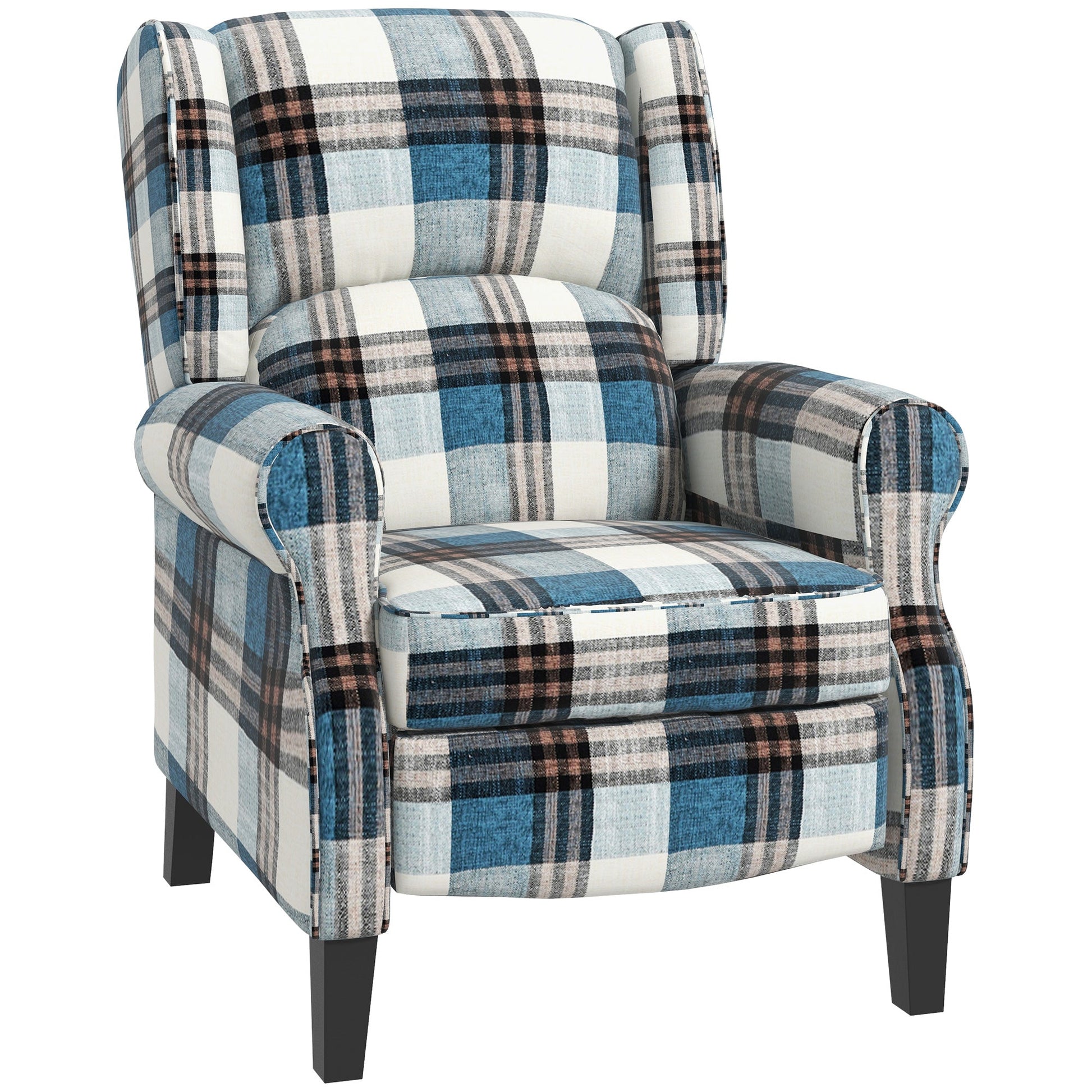 HOMCOM Wingback Reclining Armchair for Living Room, Pushback Recliner Chair with Footrest, Round Armrests and Rubber Wood Legs, Blue
