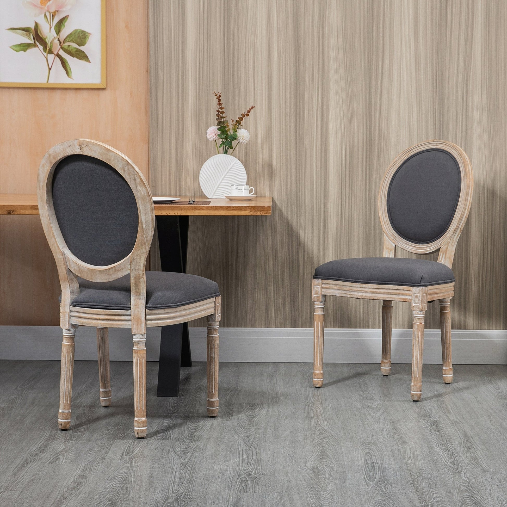 Dining Chairs Set of 2, French-Style Kitchen Chairs, Armless Accent Chairs with Linen Fabric Upholstery, Round Backrest and Solid Wooden Frame, Grey
