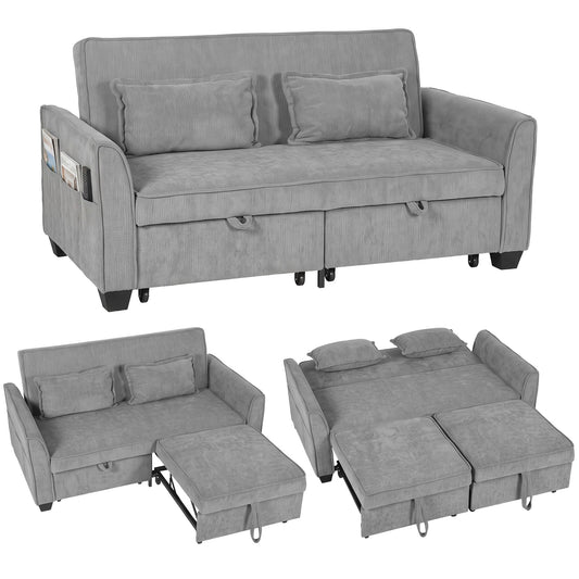 2 Seater Sofa Bed, 4-in-1 L Shaped Convertible Pull Out Sleeper Sofa with Adjustable Backrest, Chenille Loveseat with 2 Pillows, Wide Deep Seat, Side Pockets for Living Room, Grey