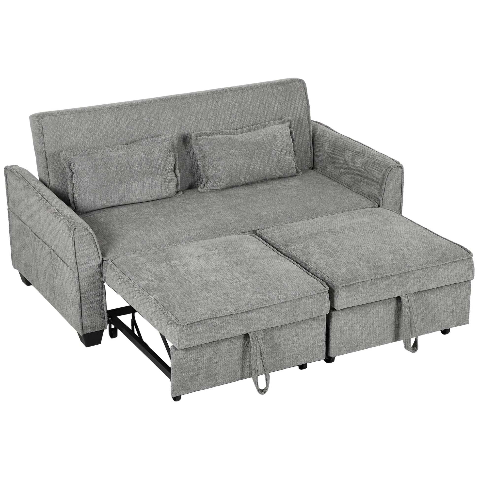 2 Seater Sofa Bed, 4-in-1 L Shaped Convertible Pull Out Sleeper Sofa with Adjustable Backrest, Chenille Loveseat with 2 Pillows, Wide Deep Seat, Side Pockets for Living Room, Grey