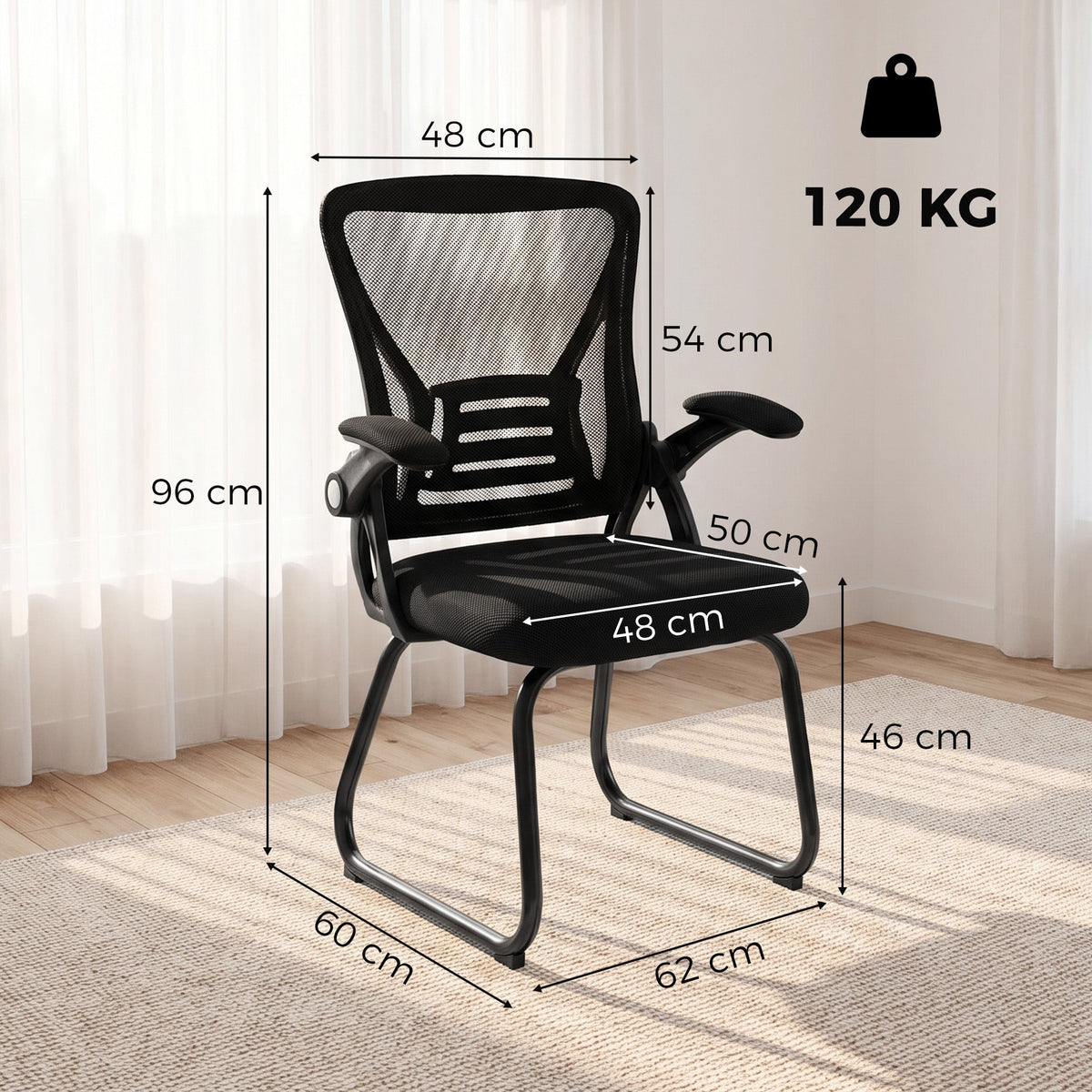 Desk Chair No Wheels with Flip-up Armrests, Mesh Office Chair with Steel Legs for Home Conference Room, Bedroom, Waiting, Reception, Black