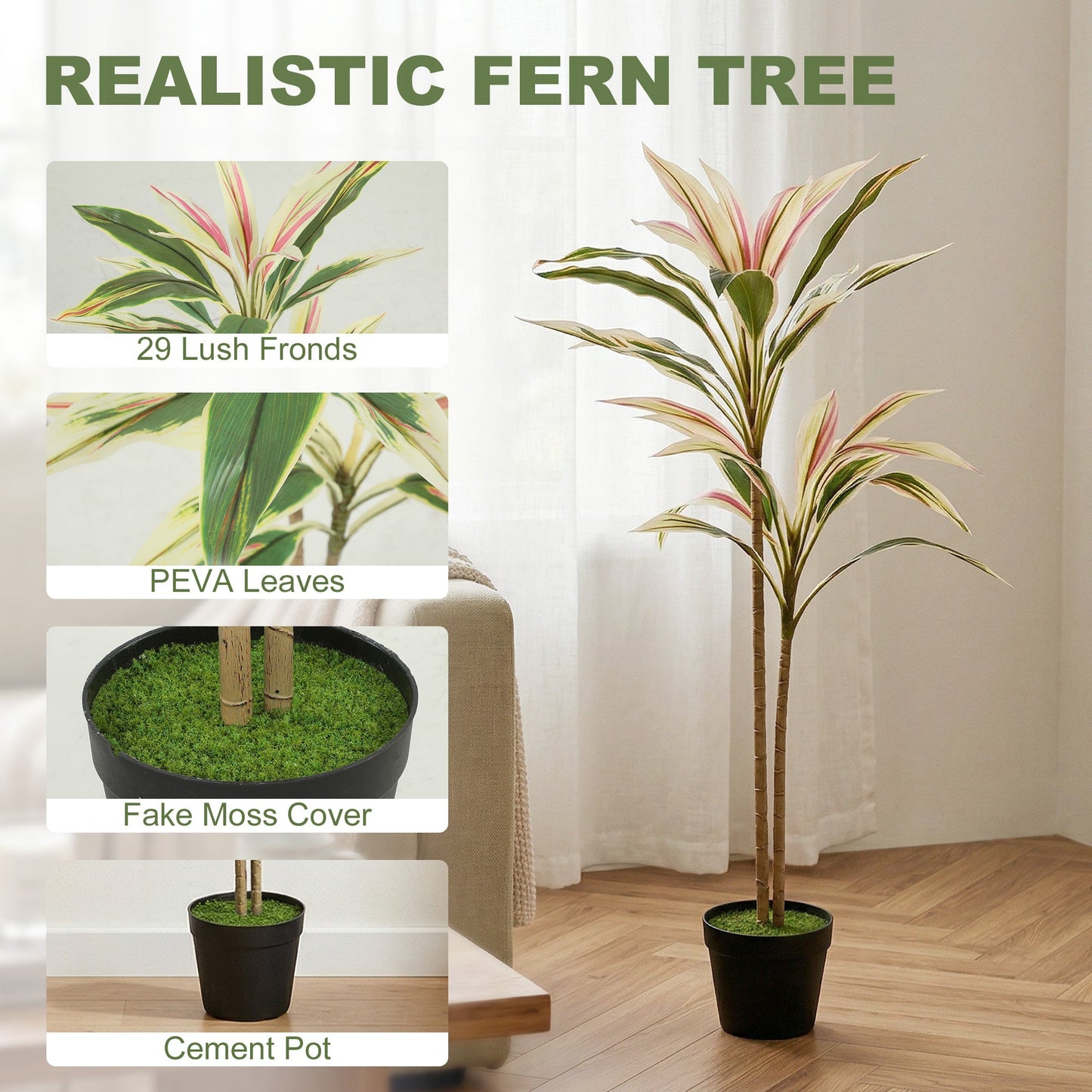 Artificial Cordyline Tree, 90 cm Fake Cordyline Tree with 29 Leaves, Realistic PEVA Faux Plant in Moss Effect Pot for Home Indoor Outdoor Decor, Yellow
