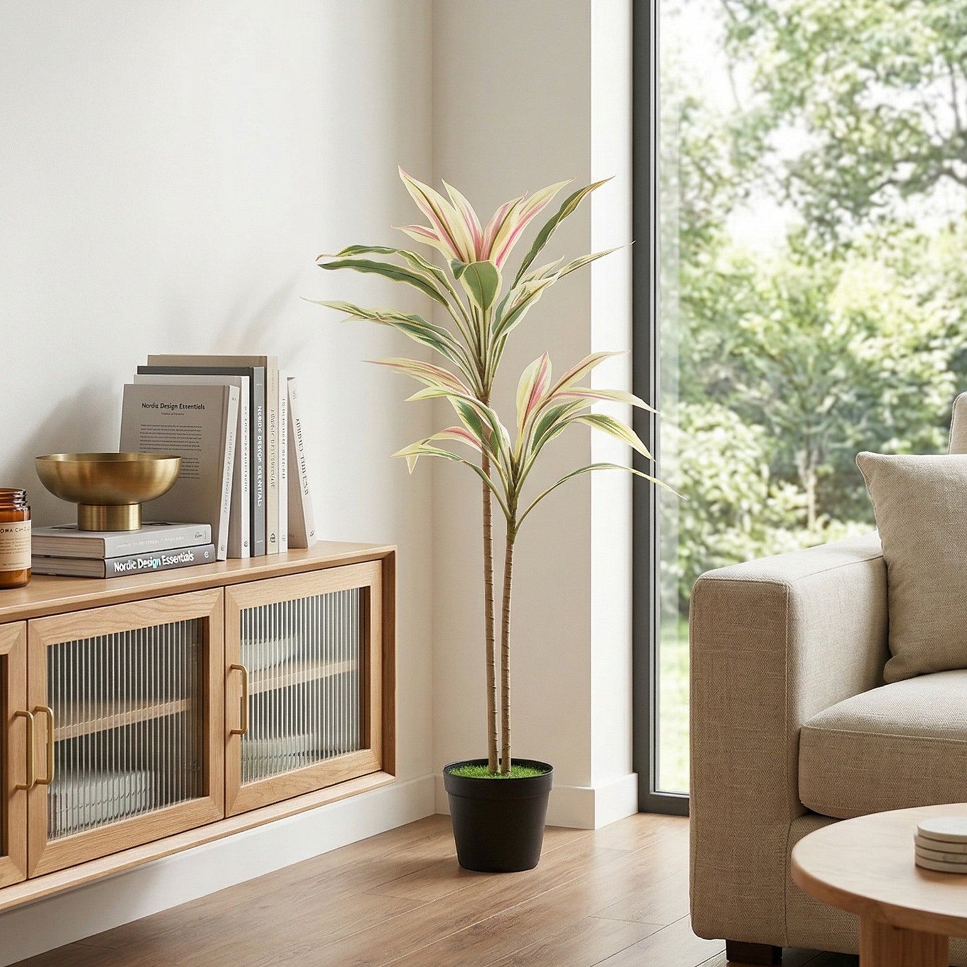 Artificial Cordyline Tree, 90 cm Fake Cordyline Tree with 29 Leaves, Realistic PEVA Faux Plant in Moss Effect Pot for Home Indoor Outdoor Decor, Yellow