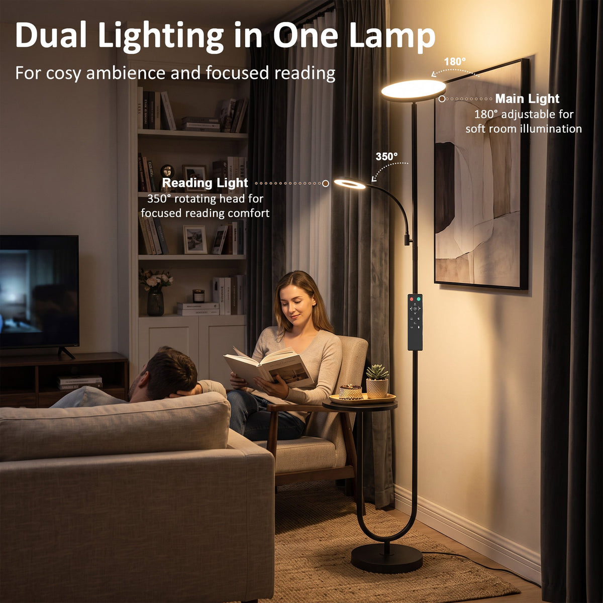 LED Uplighter Floor Lamp with Table, Dual Light Dimmable Standing Lamp with Magnetic Remote, 4 Colour Temperatures,  Adjustable Reading Light for Bedroom Living Room, Black