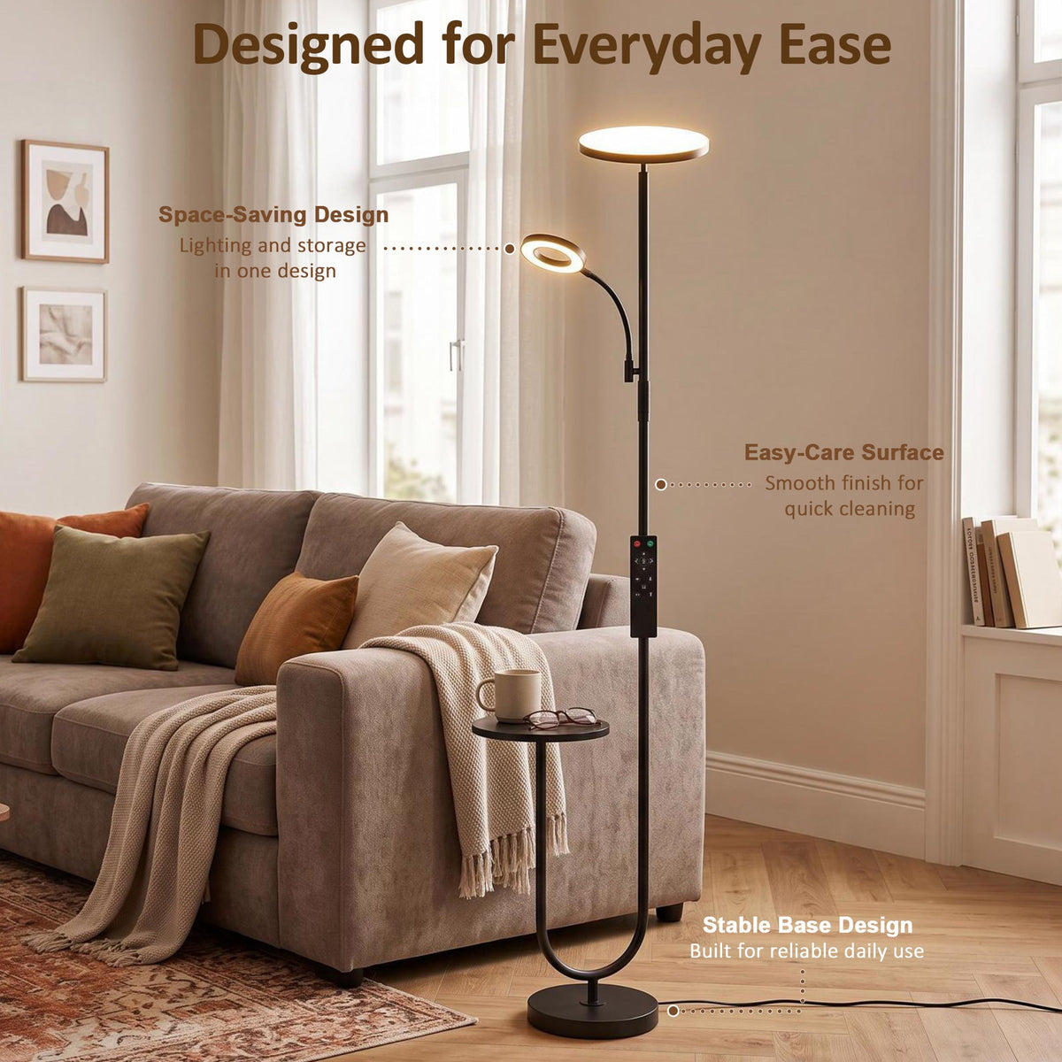 LED Uplighter Floor Lamp with Table, Dual Light Dimmable Standing Lamp with Magnetic Remote, 4 Colour Temperatures,  Adjustable Reading Light for Bedroom Living Room, Black