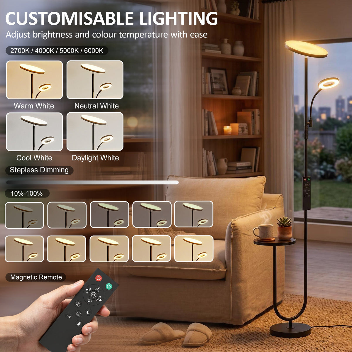 LED Uplighter Floor Lamp with Table, Dual Light Dimmable Standing Lamp with Magnetic Remote, 4 Colour Temperatures,  Adjustable Reading Light for Bedroom Living Room, Black