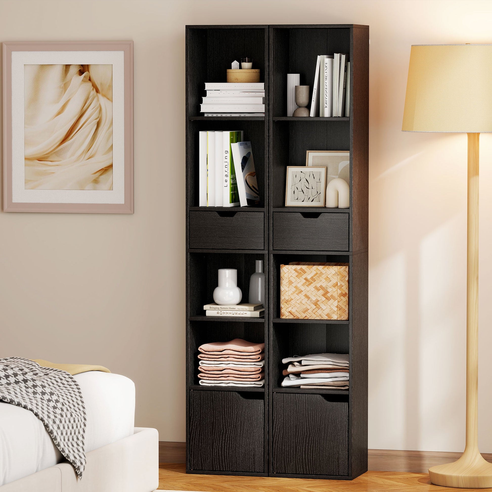 6-Tier Bookcase, Tall Narrow Bookshelf with Drawer, Door, Adjustable Shelf, Modern Display Standing Shelving Unit for Living Room, Home Office, Bedroom, 30 x 24 x 158 cm, Black