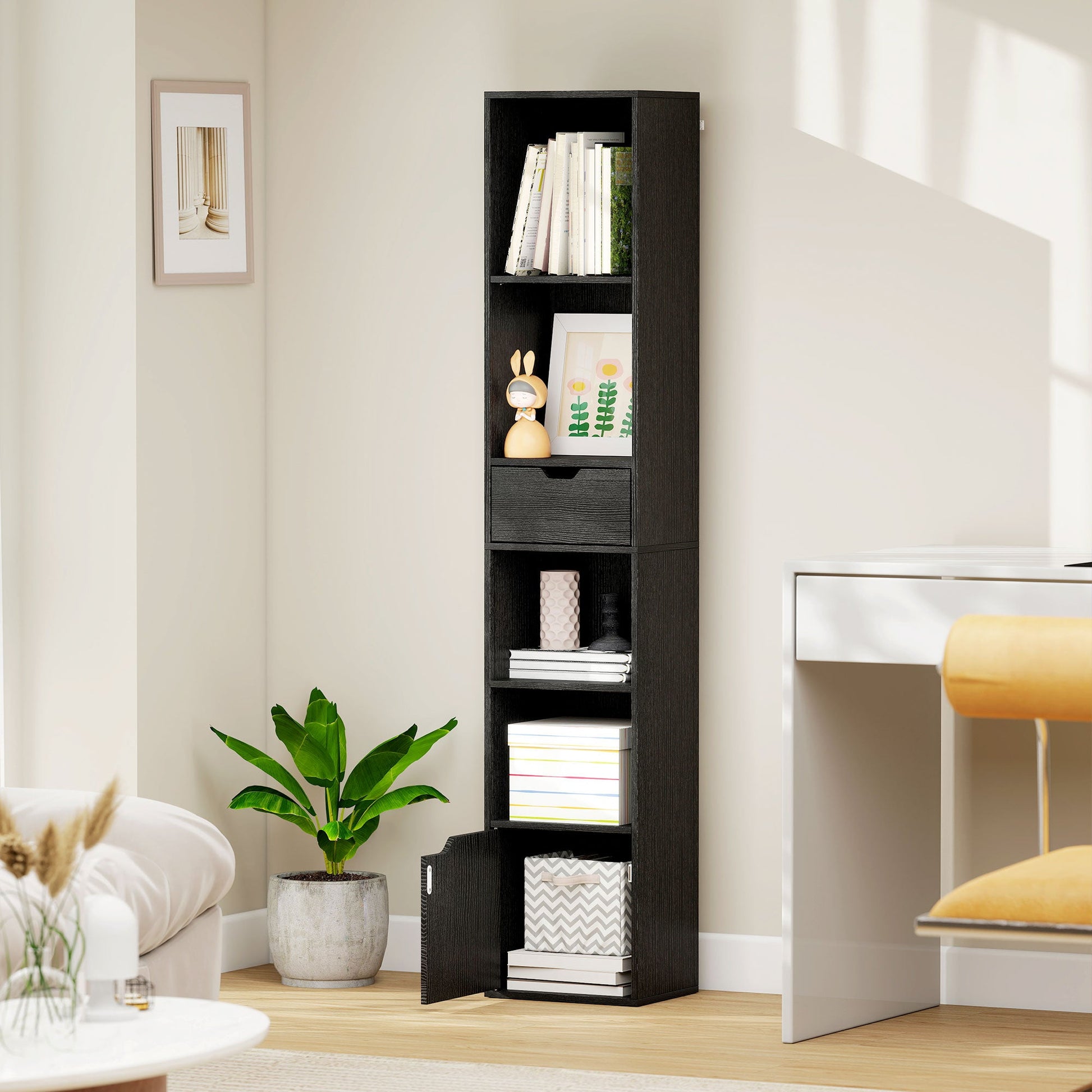 6-Tier Bookcase, Tall Narrow Bookshelf with Drawer, Door, Adjustable Shelf, Modern Display Standing Shelving Unit for Living Room, Home Office, Bedroom, 30 x 24 x 158 cm, Black