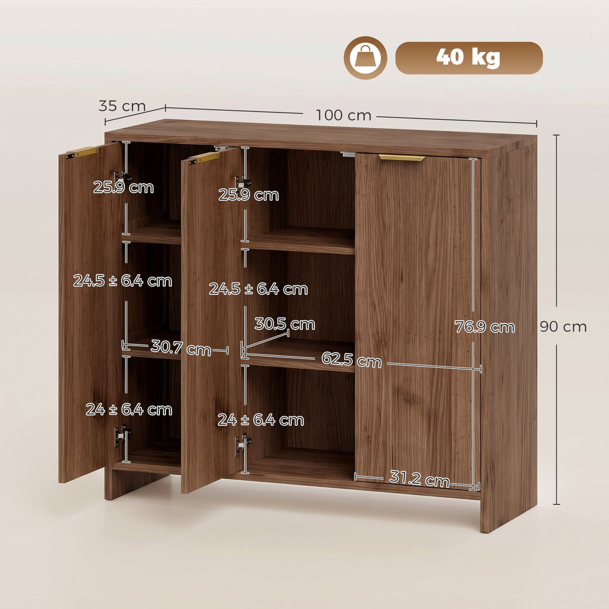 Sideboard Cabinet, Modern Storage Cabinet with 3 Doors and Adjustable Shelves, Freestanding Kitchen Cupboard for Living Room, Dining Room, 100 x 35 x 90 cm, Brown