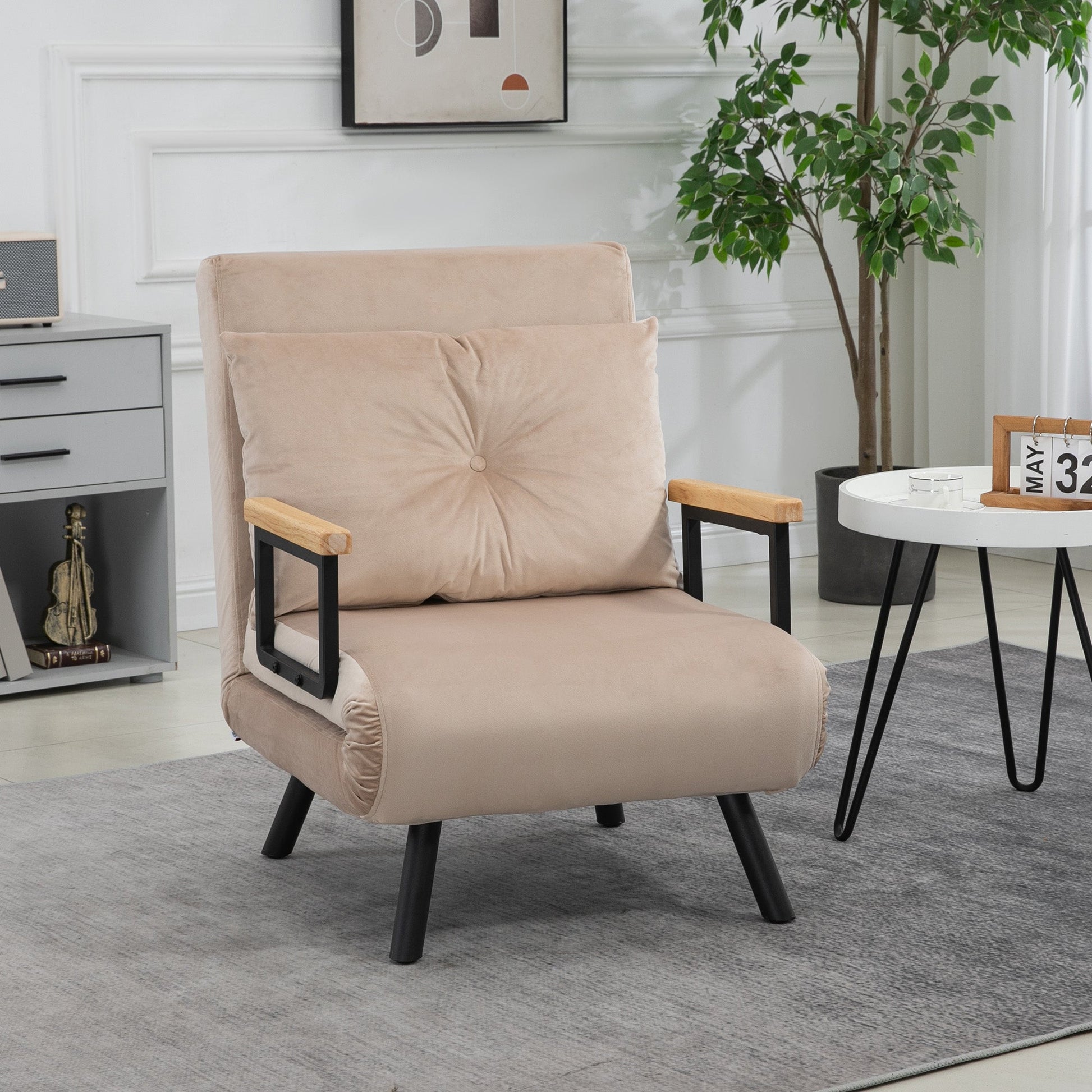 HOMCOM Single Chair Bed, Click Clack Convertible Bed Settee, Modern Velvet Feel Fabric Chair Couch with 1 Tufted Cushion, Wood Armrests, for Living Room, Bedroom, Guest Room, Beige