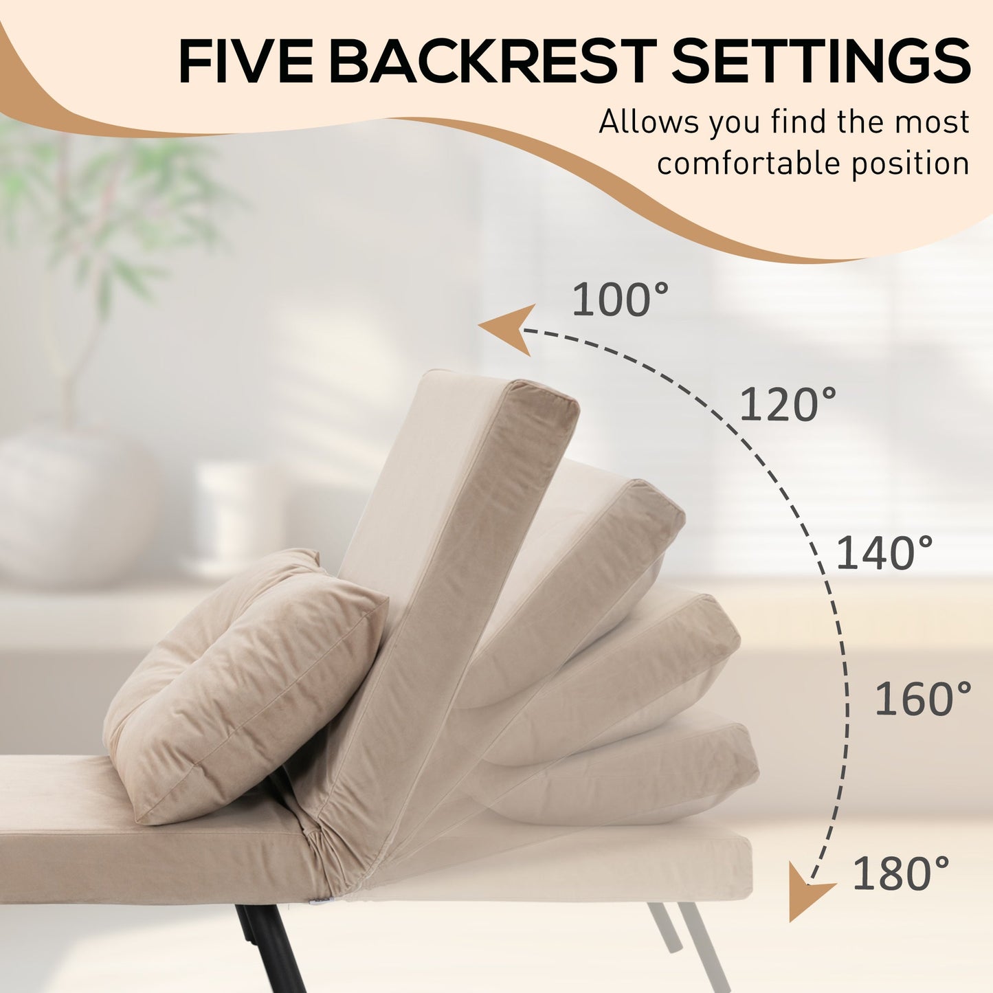 HOMCOM Single Chair Bed, Click Clack Convertible Bed Settee, Modern Velvet Feel Fabric Chair Couch with 1 Tufted Cushion, Wood Armrests, for Living Room, Bedroom, Guest Room, Beige