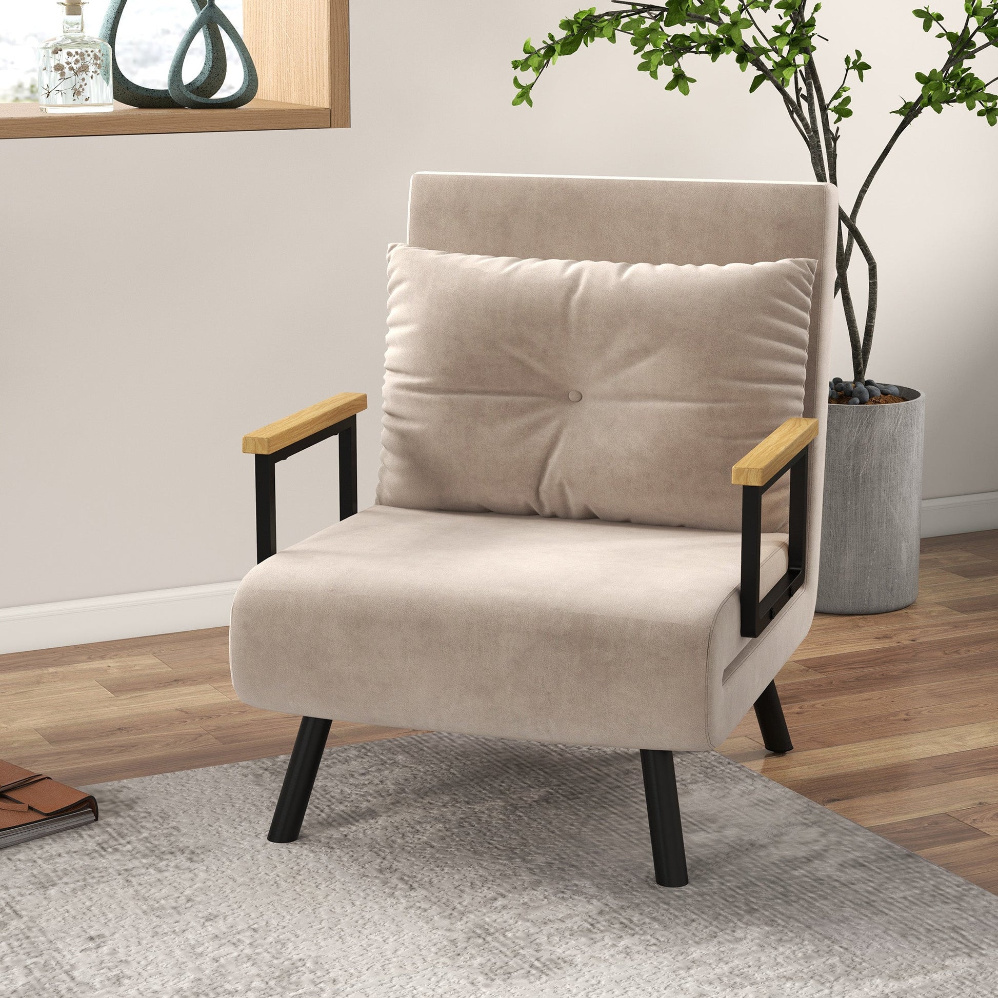 HOMCOM Single Chair Bed, Click Clack Convertible Bed Settee, Modern Velvet Feel Fabric Chair Couch with 1 Tufted Cushion, Wood Armrests, for Living Room, Bedroom, Guest Room, Beige