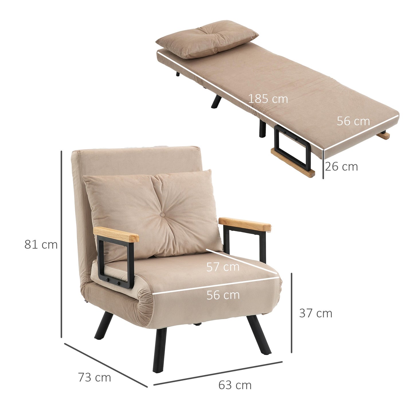HOMCOM Single Chair Bed, Click Clack Convertible Bed Settee, Modern Velvet Feel Fabric Chair Couch with 1 Tufted Cushion, Wood Armrests, for Living Room, Bedroom, Guest Room, Beige