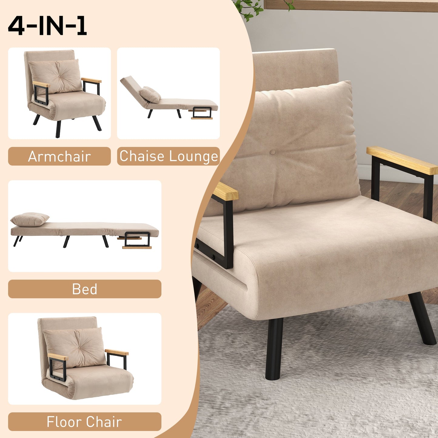HOMCOM Single Chair Bed, Click Clack Convertible Bed Settee, Modern Velvet Feel Fabric Chair Couch with 1 Tufted Cushion, Wood Armrests, for Living Room, Bedroom, Guest Room, Beige