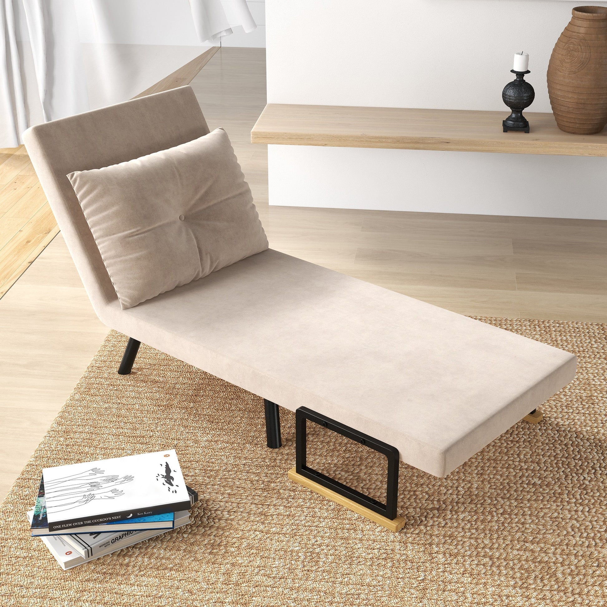 HOMCOM Single Chair Bed, Click Clack Convertible Bed Settee, Modern Velvet Feel Fabric Chair Couch with 1 Tufted Cushion, Wood Armrests, for Living Room, Bedroom, Guest Room, Beige