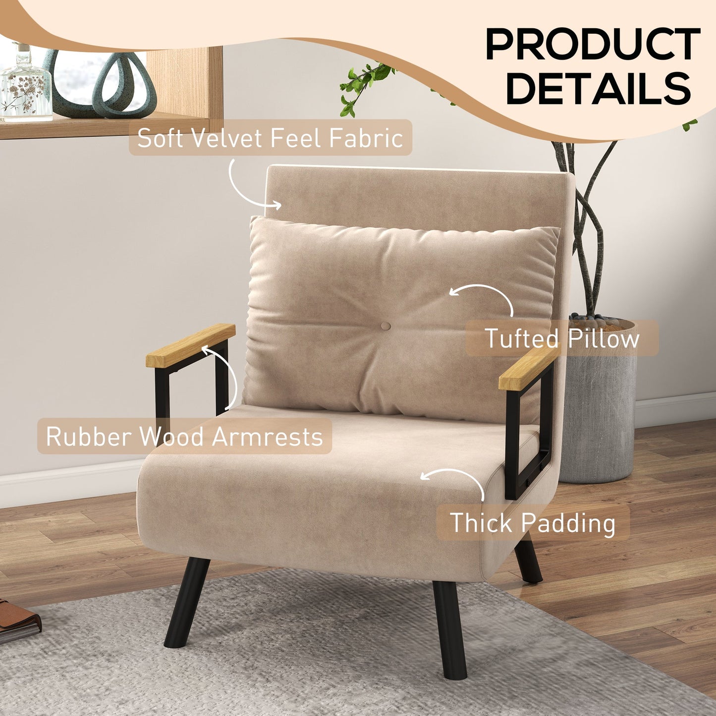 HOMCOM Single Chair Bed, Click Clack Convertible Bed Settee, Modern Velvet Feel Fabric Chair Couch with 1 Tufted Cushion, Wood Armrests, for Living Room, Bedroom, Guest Room, Beige