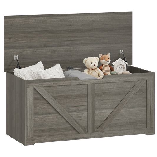 127L Storage Chest, Shoe Storage Trunk Bench Box with 2 Safety Hinges and U-shaped Cut-out Pull, Blanket Box Ottoman for Bedroom, Living Room, Entryway, 100 x 40 x 45 cm, Dark Grey Wood-Effect