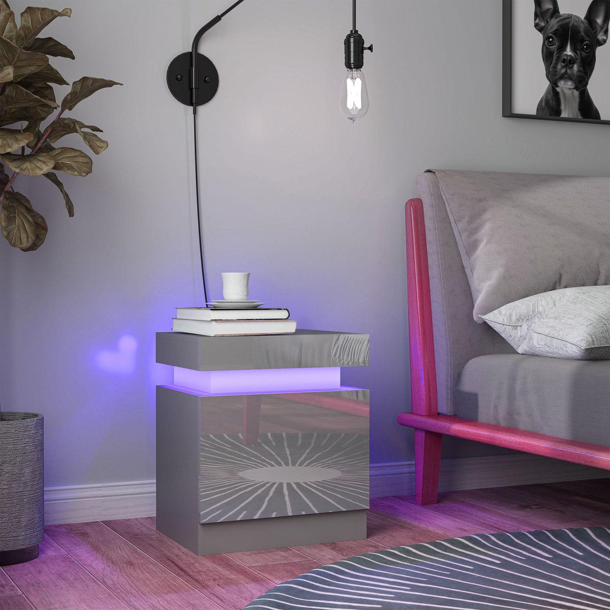 High Gloss Front Bedside Table, APP Control Nightstand with RGB LED Light and 2 Drawers, Chest of Drawers for Bedroom, Living Room, Grey