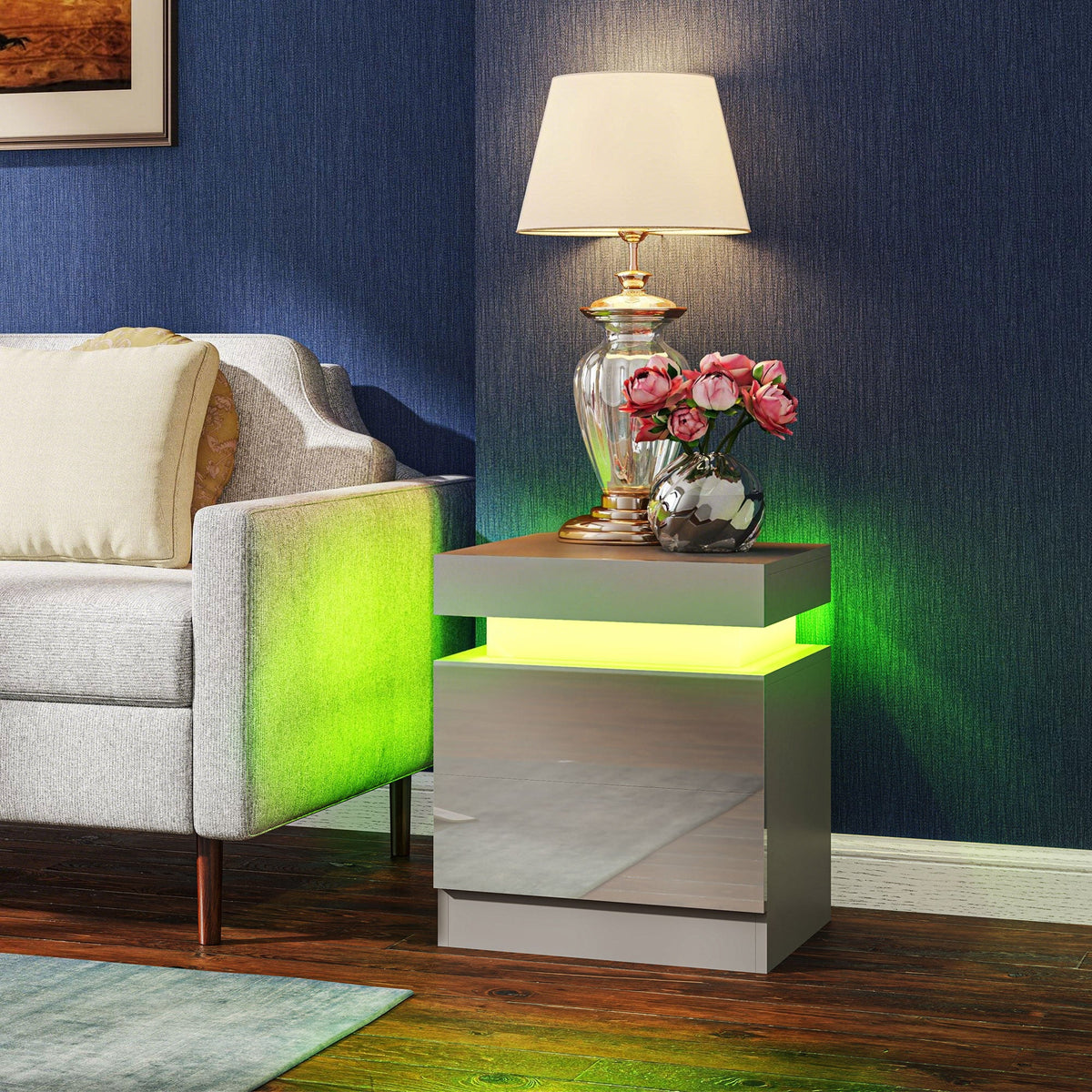 High Gloss Front Bedside Table, APP Control Nightstand with RGB LED Light and 2 Drawers, Chest of Drawers for Bedroom, Living Room, Grey