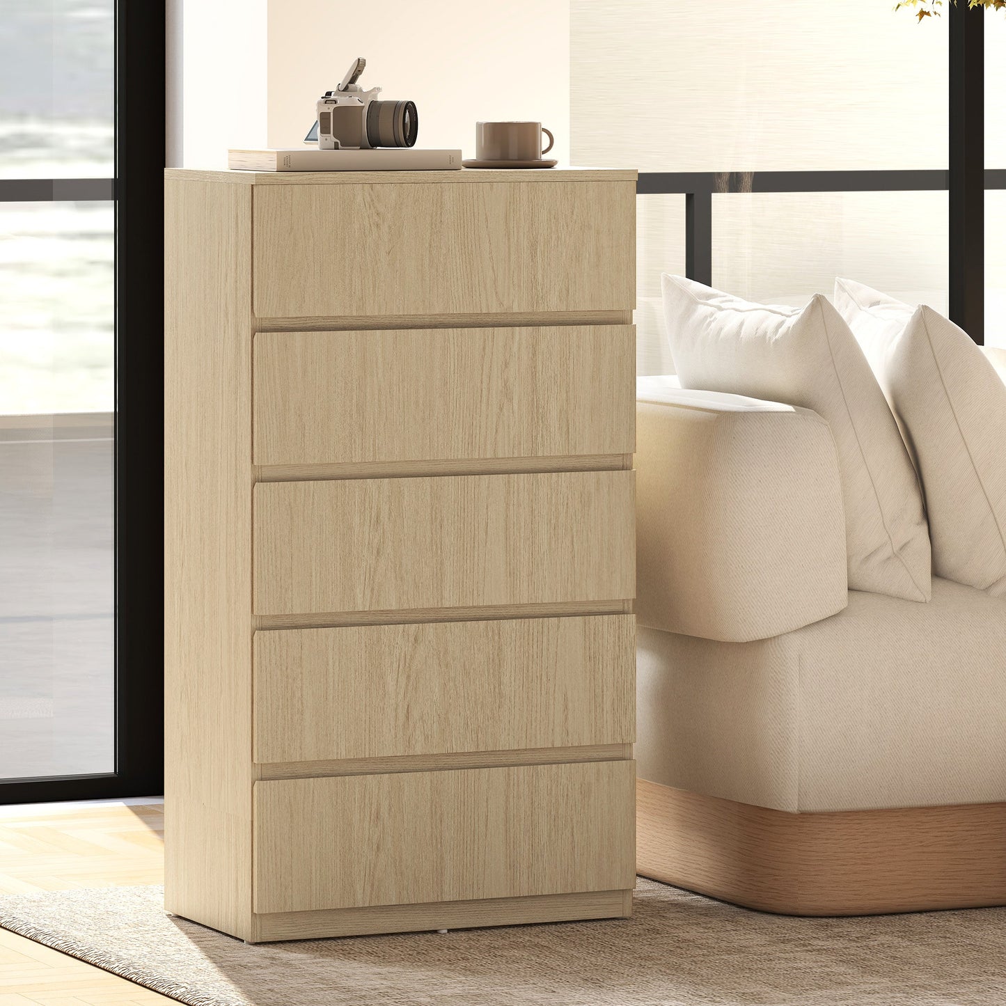 Chest of Drawers, 5 Drawers Storage Cabinet Floor Tower Cupboard for Bedroom Living Room, Natural Wood