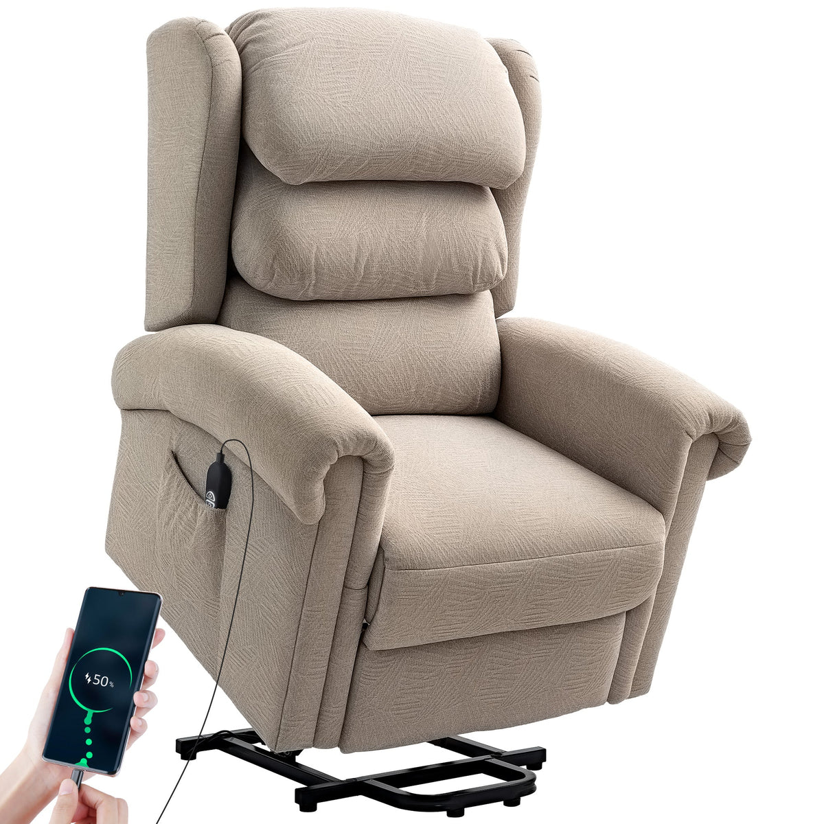 Riser Recliner Chair for Elderly, Velvet Electric Power Lift Chair with Layered Padded Backrest, Spring Cushion, Wide Seat, USB Port, Remote, Side Pockets, Lift Armchair for Living Room, Khaki