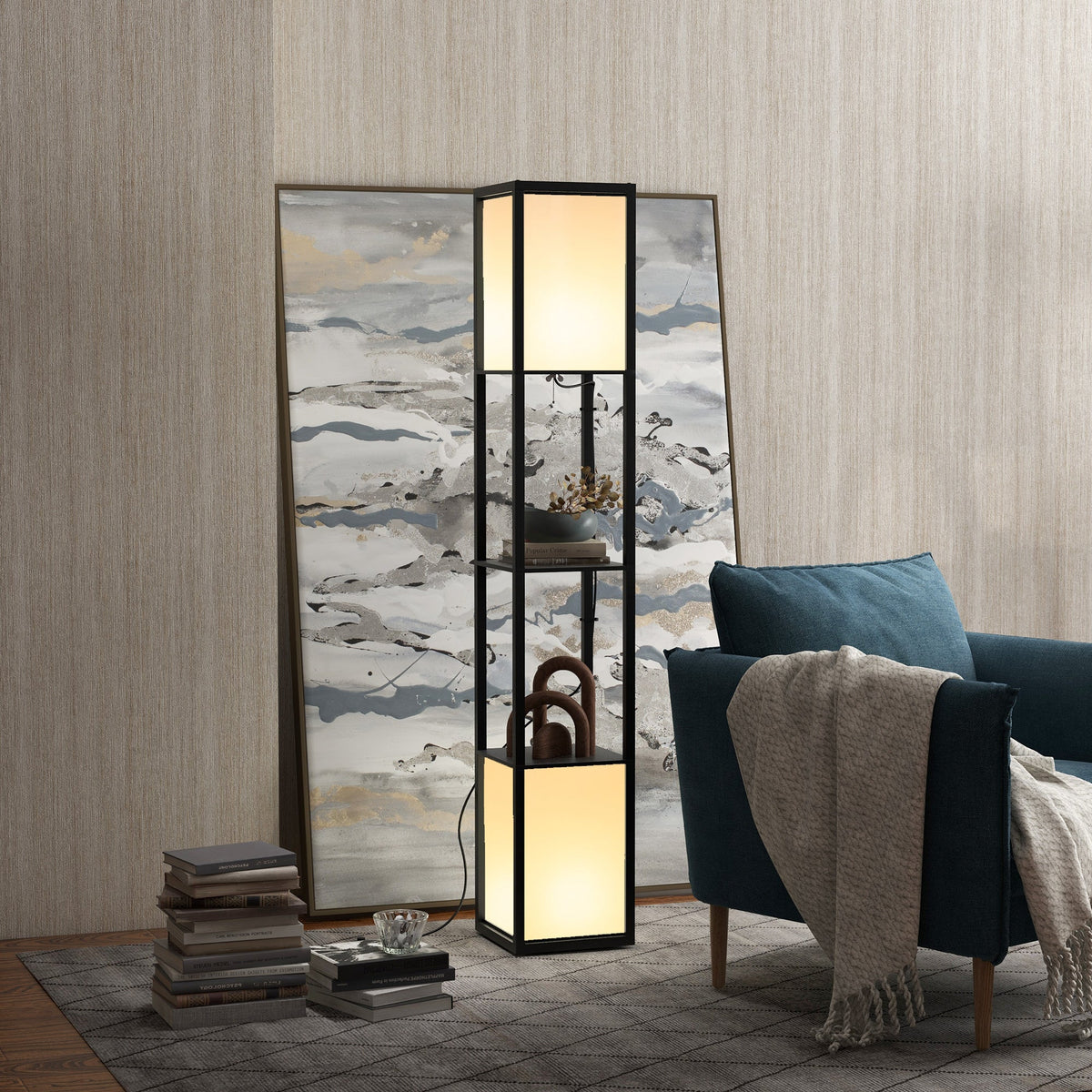 HOMCOM Floor Lamp with Shelves and Dual Light, Modern Corner Standing Lamp for Living Room, Bedroom, Bulb not Included, Black